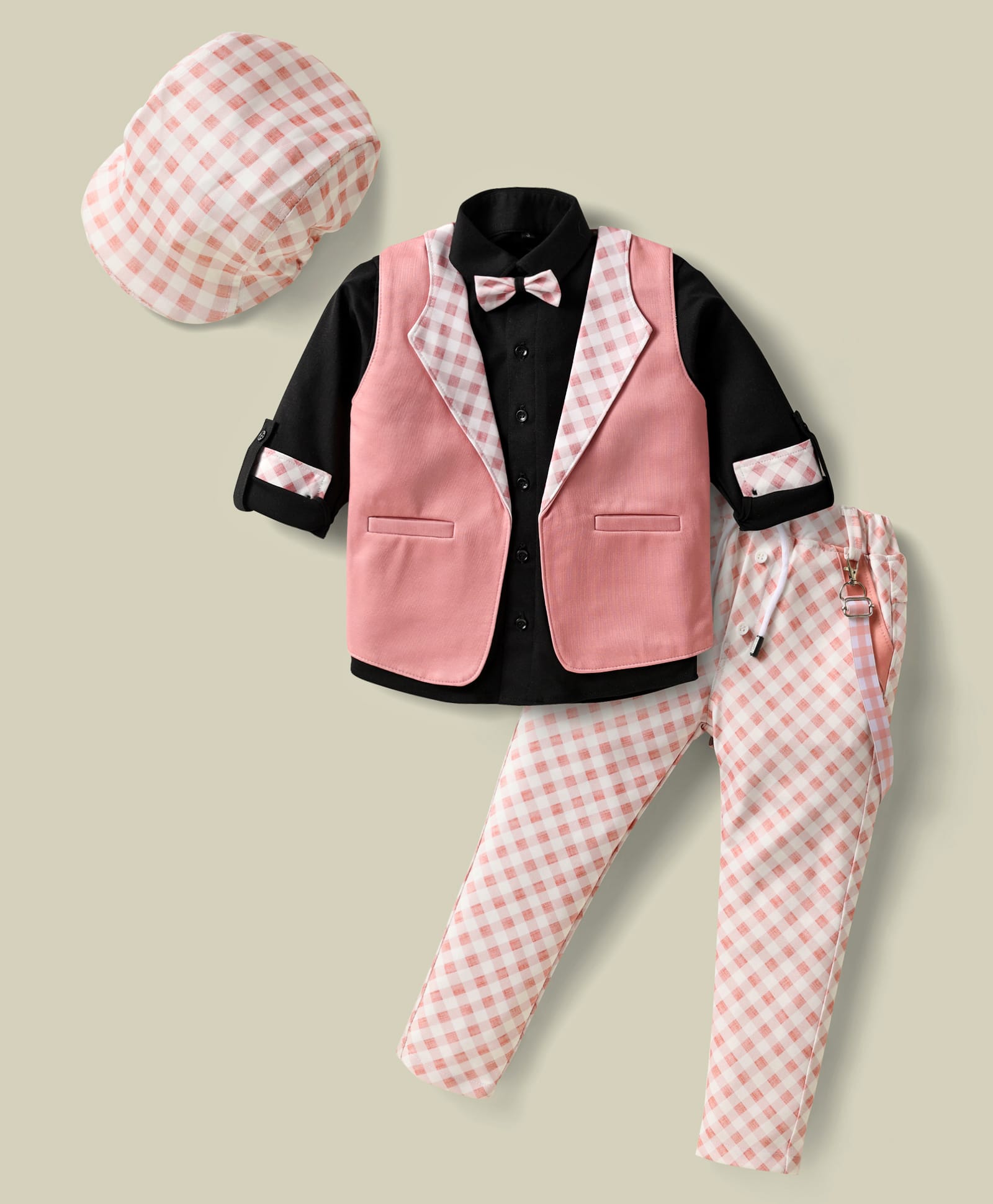 Radutu Full Sleeves Checked 3 Piece Party Suit Set With Suspender Bow & Cap Set - Light Pink & Black-picture-15