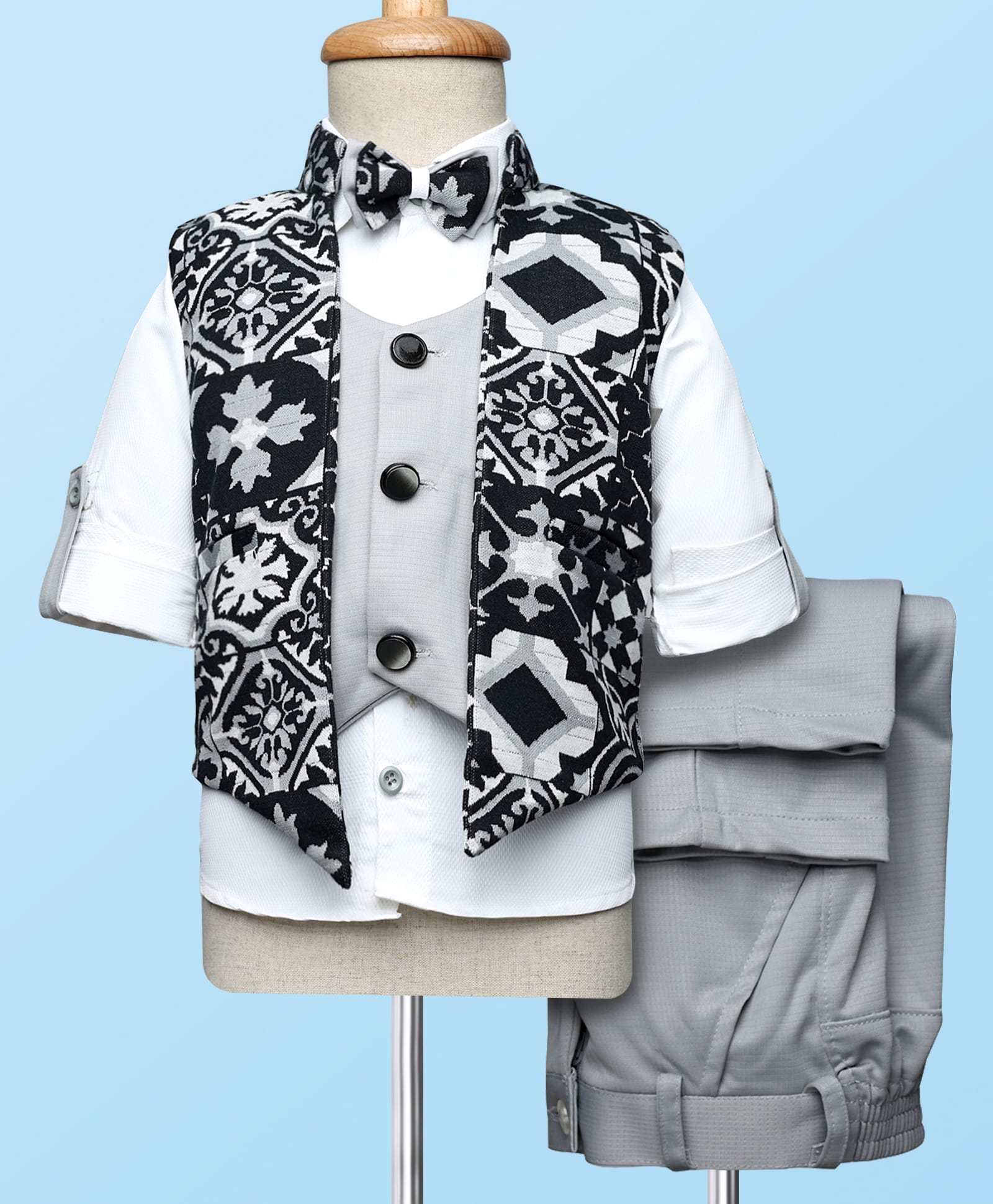 Radutu Full Sleeves Damask Printed 3 Piece Party Suit With Bow Set - Black & White-picture-8