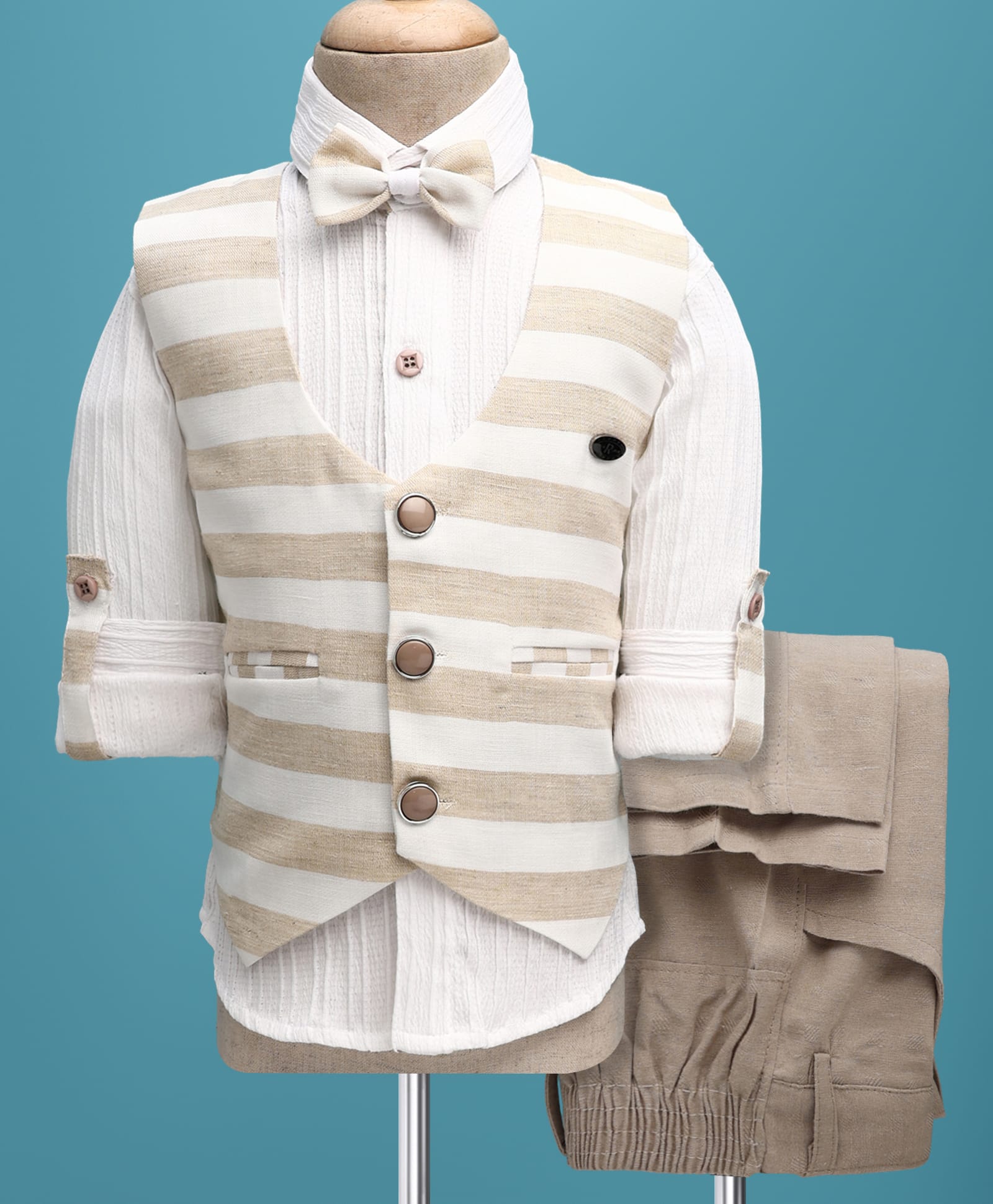 Radutu Full Sleeves Striped & Textured 3 Piece Party Suit With Bow Set - White & Fawn-picture-35