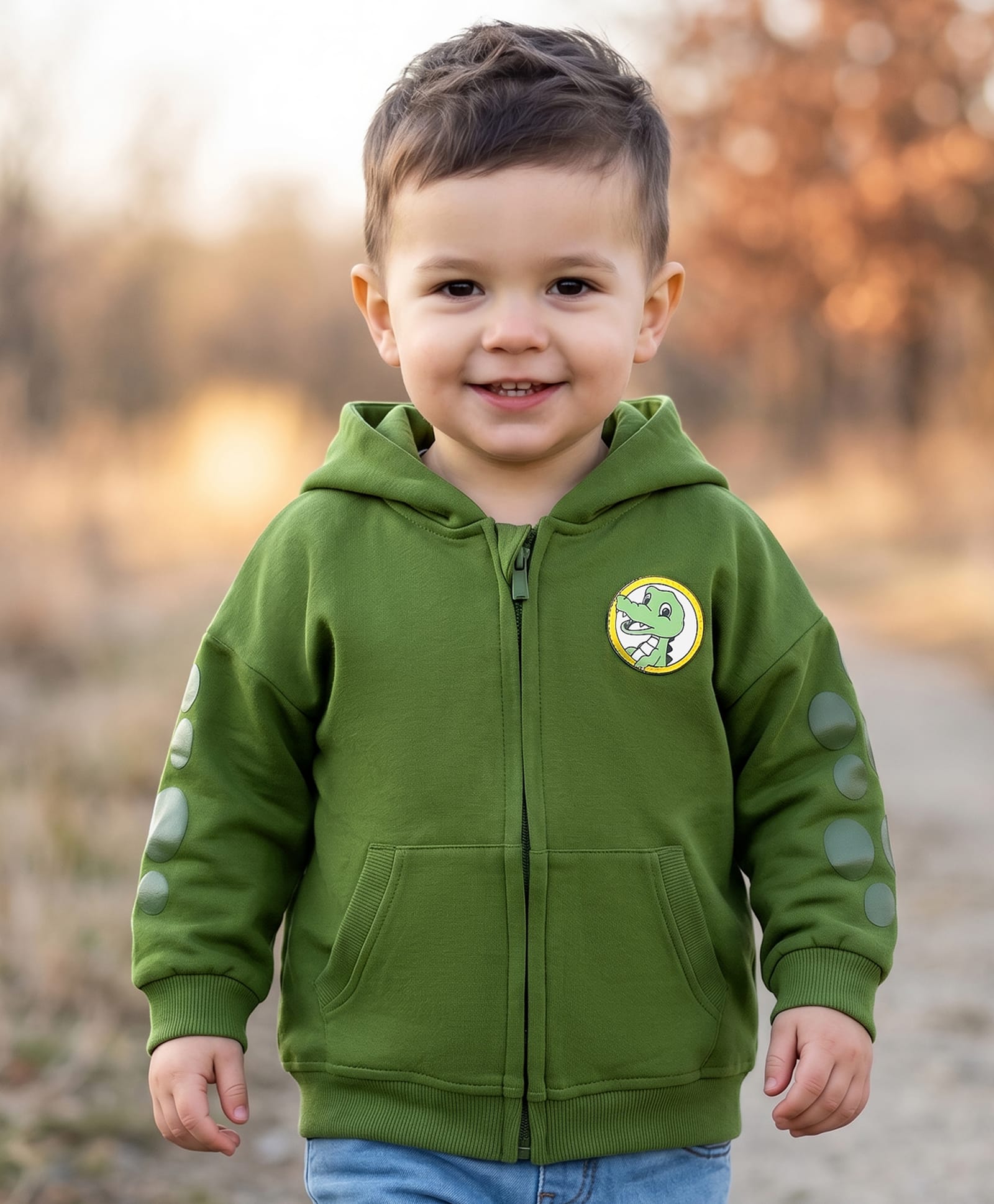 Babyhug Cotton Knit Full Sleeves Hooded Sweatjacket With Dino Patch & Kangaroo Pockets - Green-picture-26