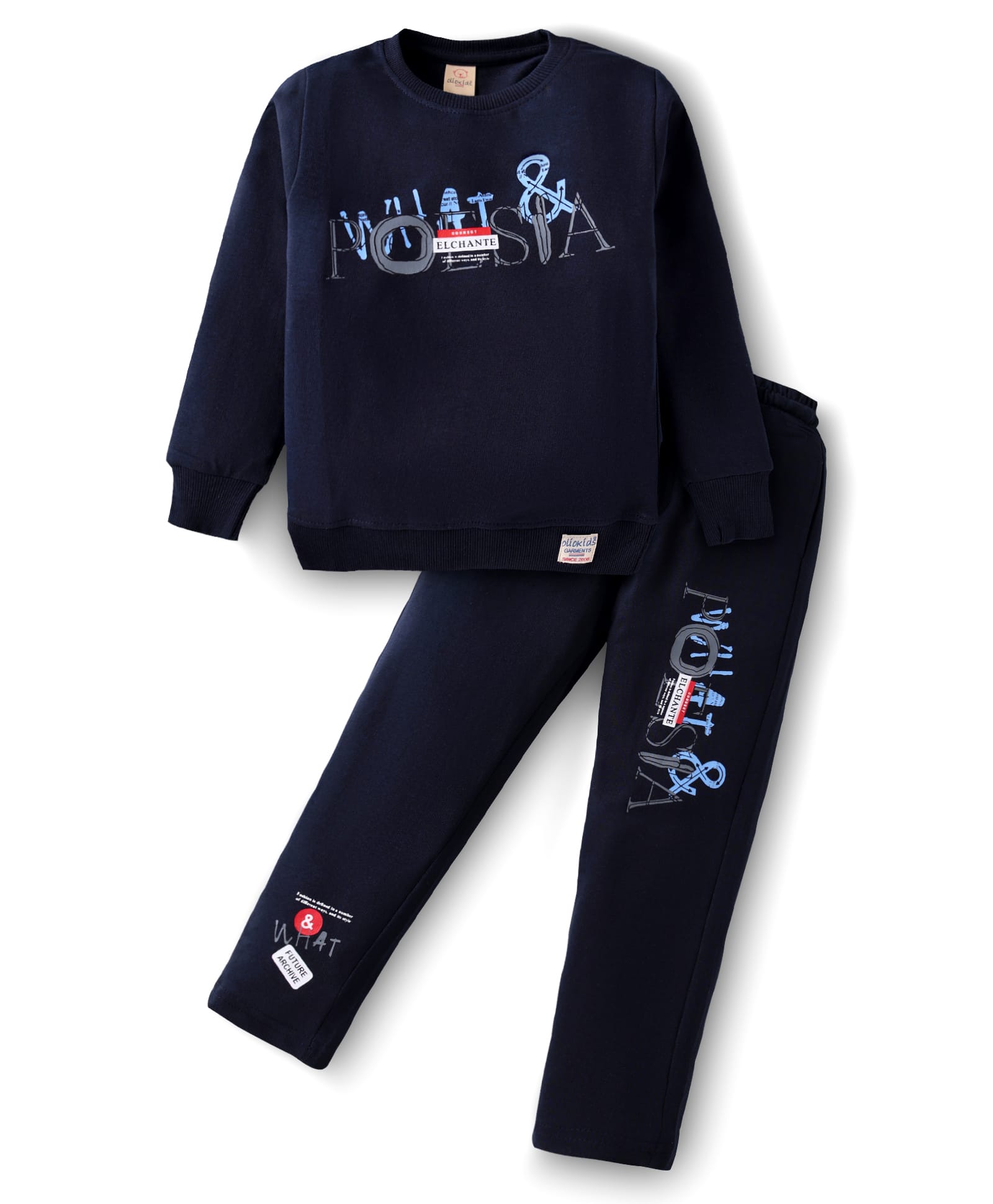 Olio Kids Looper Knit Full Sleeves Winter Wear Set With Posia Text Print - Navy Blue-picture-19