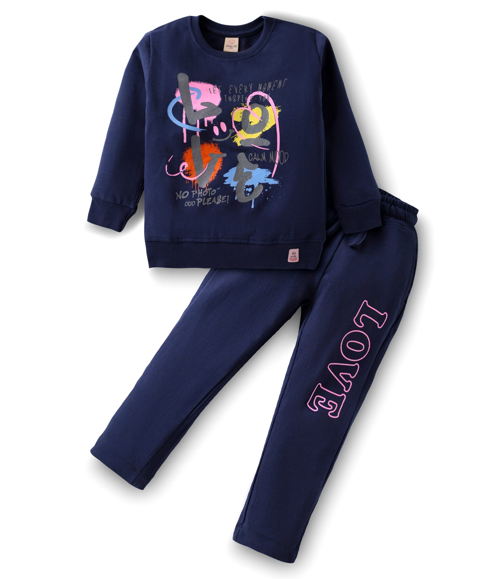 Olio Kids Looper Knit Full Sleeves Winter Wear Set With Love Text Print - Navy Blue-picture-35