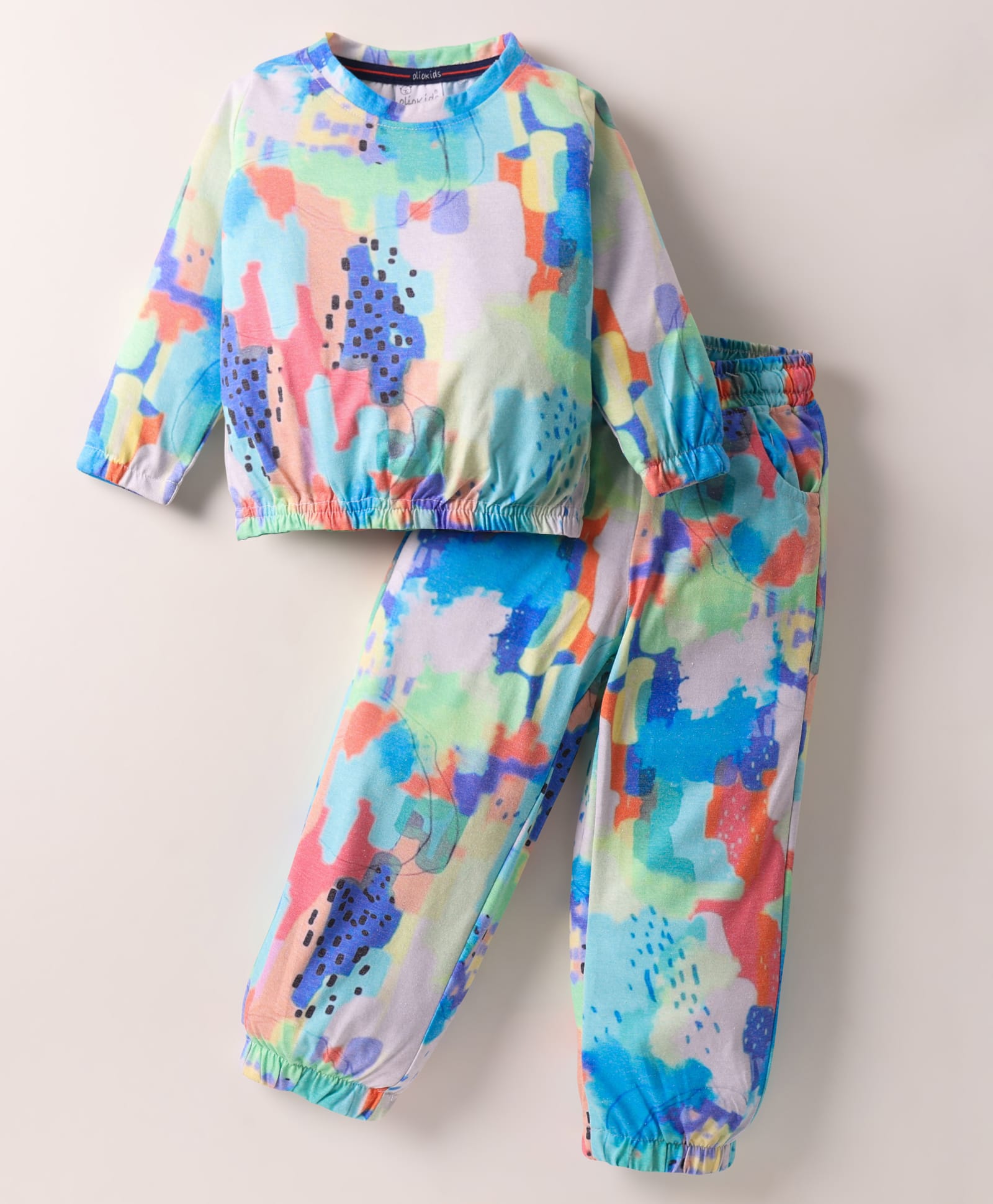 Olio Kids Looper Knit Full Sleeves Winter Wear Co-Ord Sweatshirt & Jogger Set with Abstract Print - Sea Green & Blue-picture-11