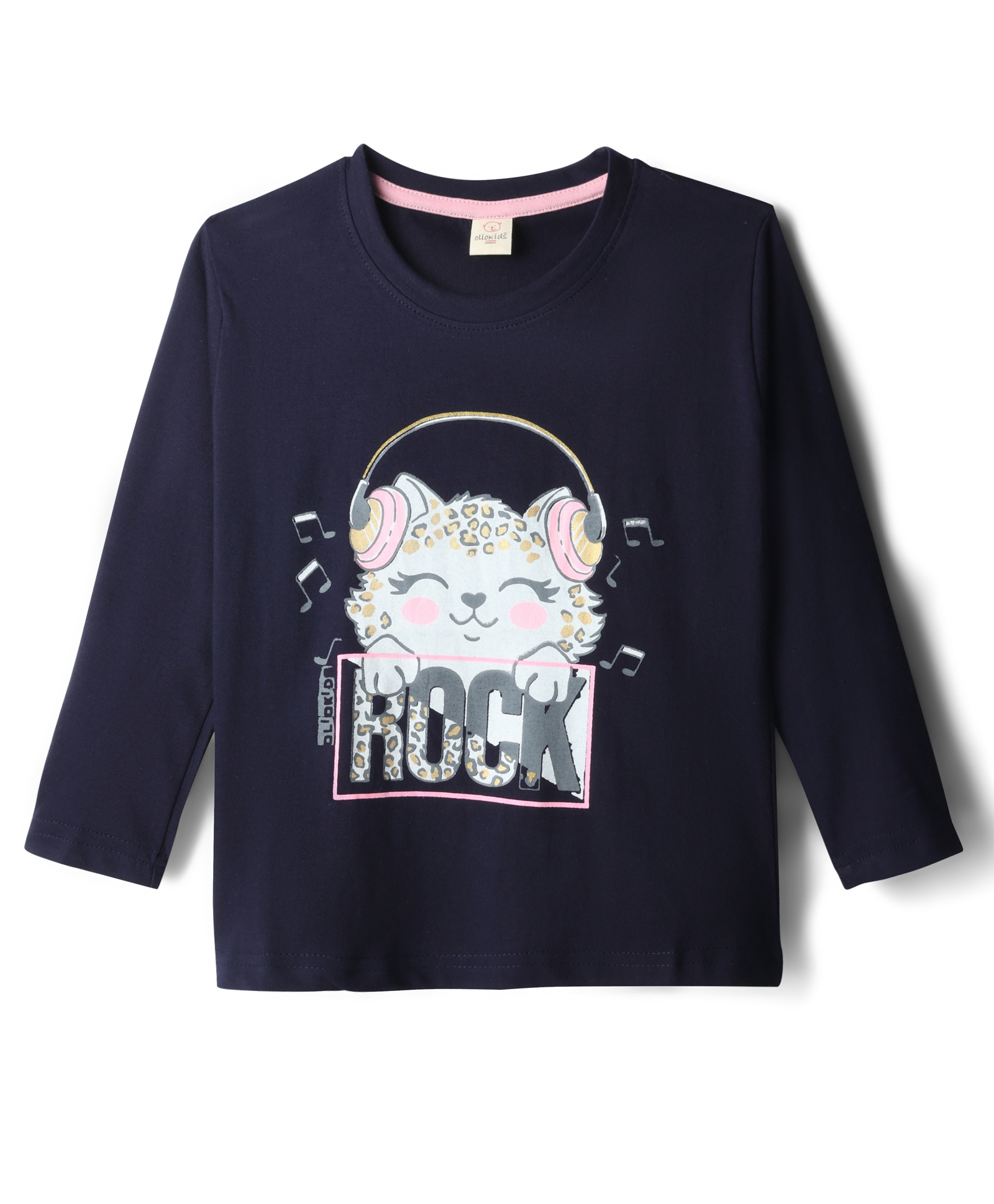 Olio Kids Sinker Knit Full Sleeves T-Shirt with Rock Text Print - Navy Blue-image-1