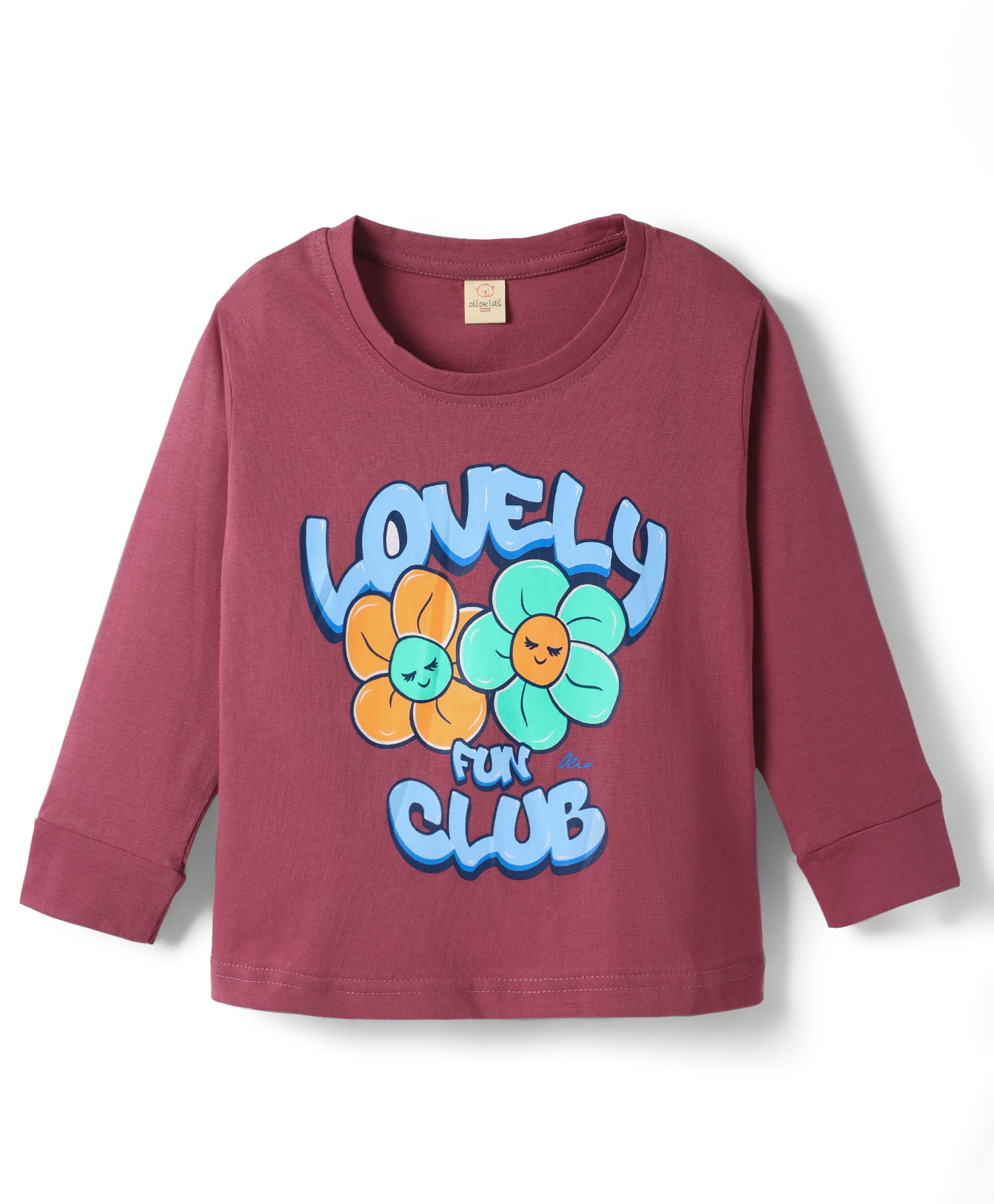 Olio Kids Sinker Knit Full Sleeves T-Shirt With Floral & Text Print - Burgandy-picture-23
