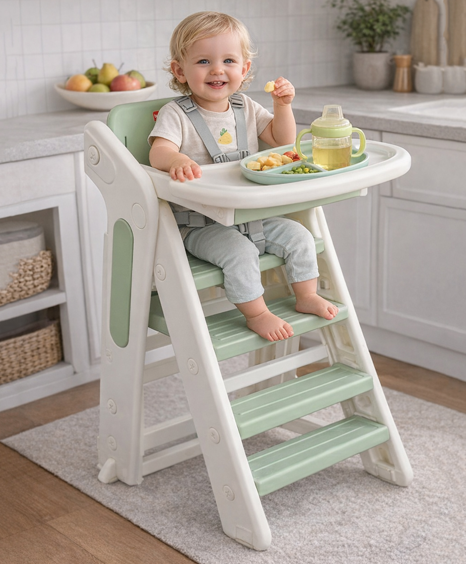 Babyhug Convertible High Chair and Foldable Standing Stool - Green| Dining Chair| Adjustable Height| Removable Food Tray| Safety Fence| Step Stool| Tool Free Assembly-image-39