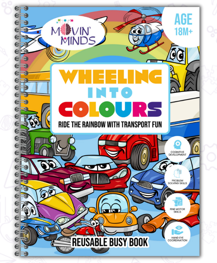 movin minds Wheeling into colours Mini Book | Early learning Montessori Activity Book with Reusable Velcro Stickers | Travel Friendly Activity Books | Mess Free Fun Activity Quiet Book - English-picture-11