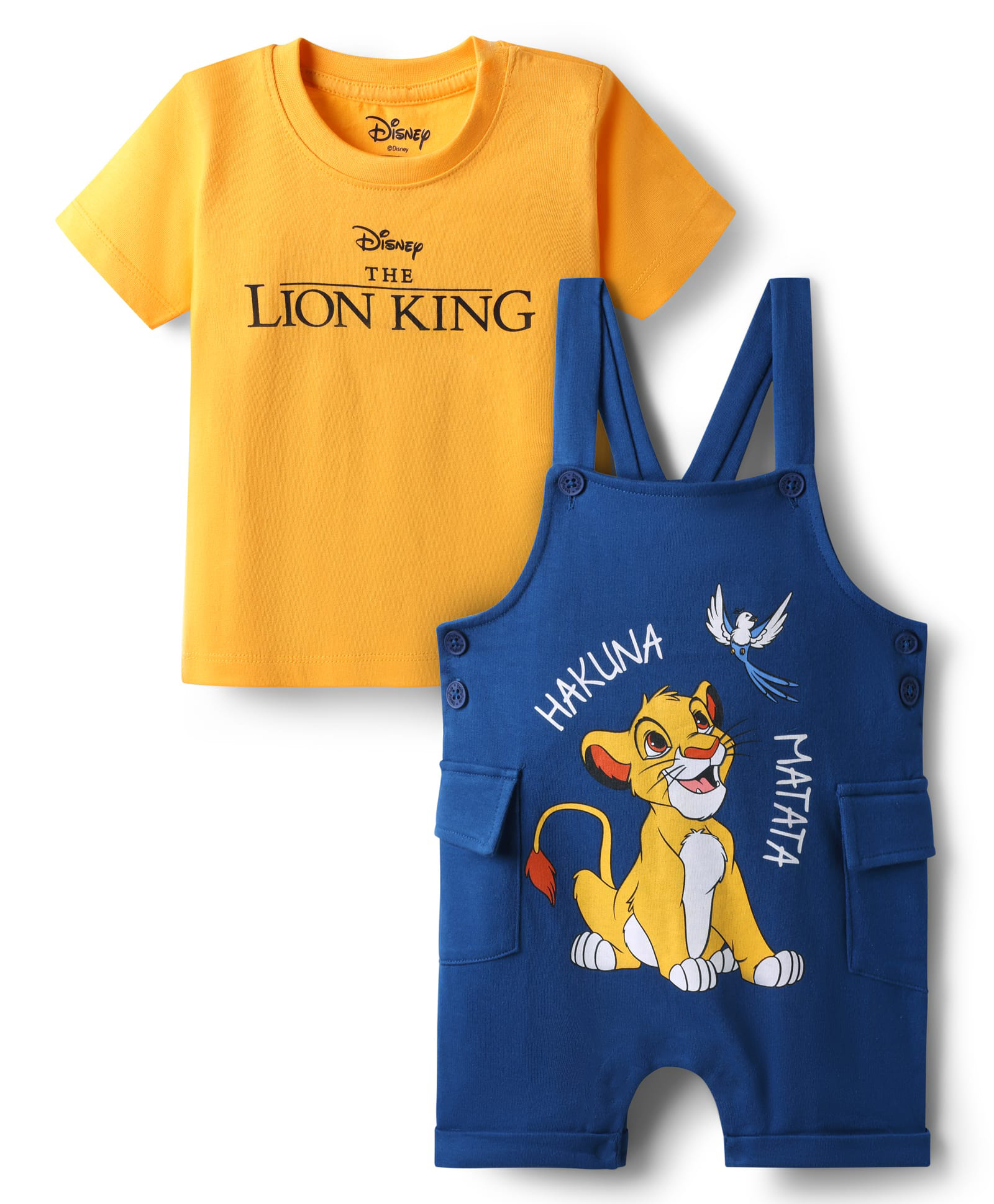 babyhug disney Babyhug Single Jersey Knit Half Sleeves T-Shirt & Dungaree With Lion King Print - Yellow-picture-16