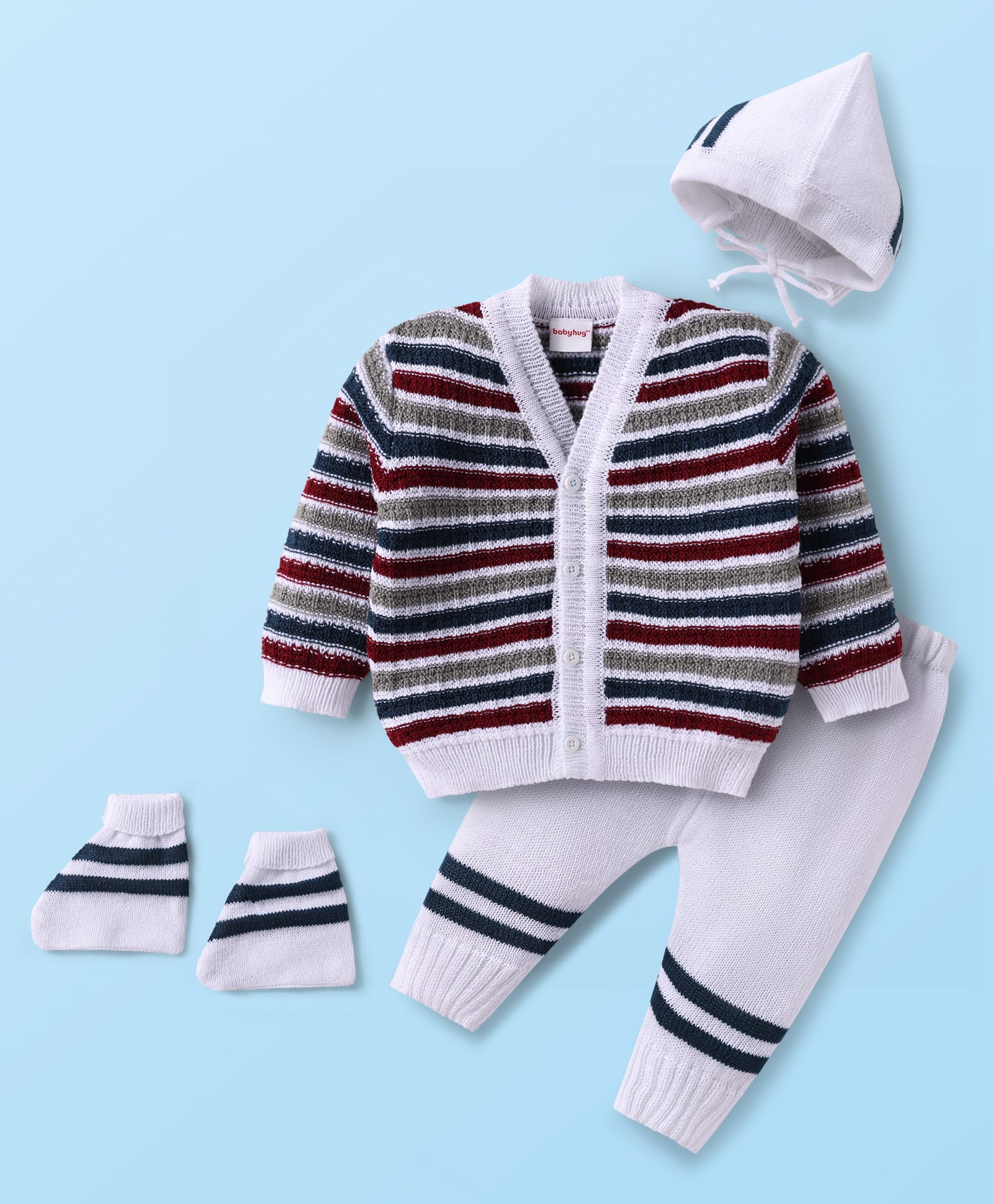 Babyhug Knit Full Sleeves Striped Front Open Sweater Set with Cap & Booties - Multicolor-picture-17