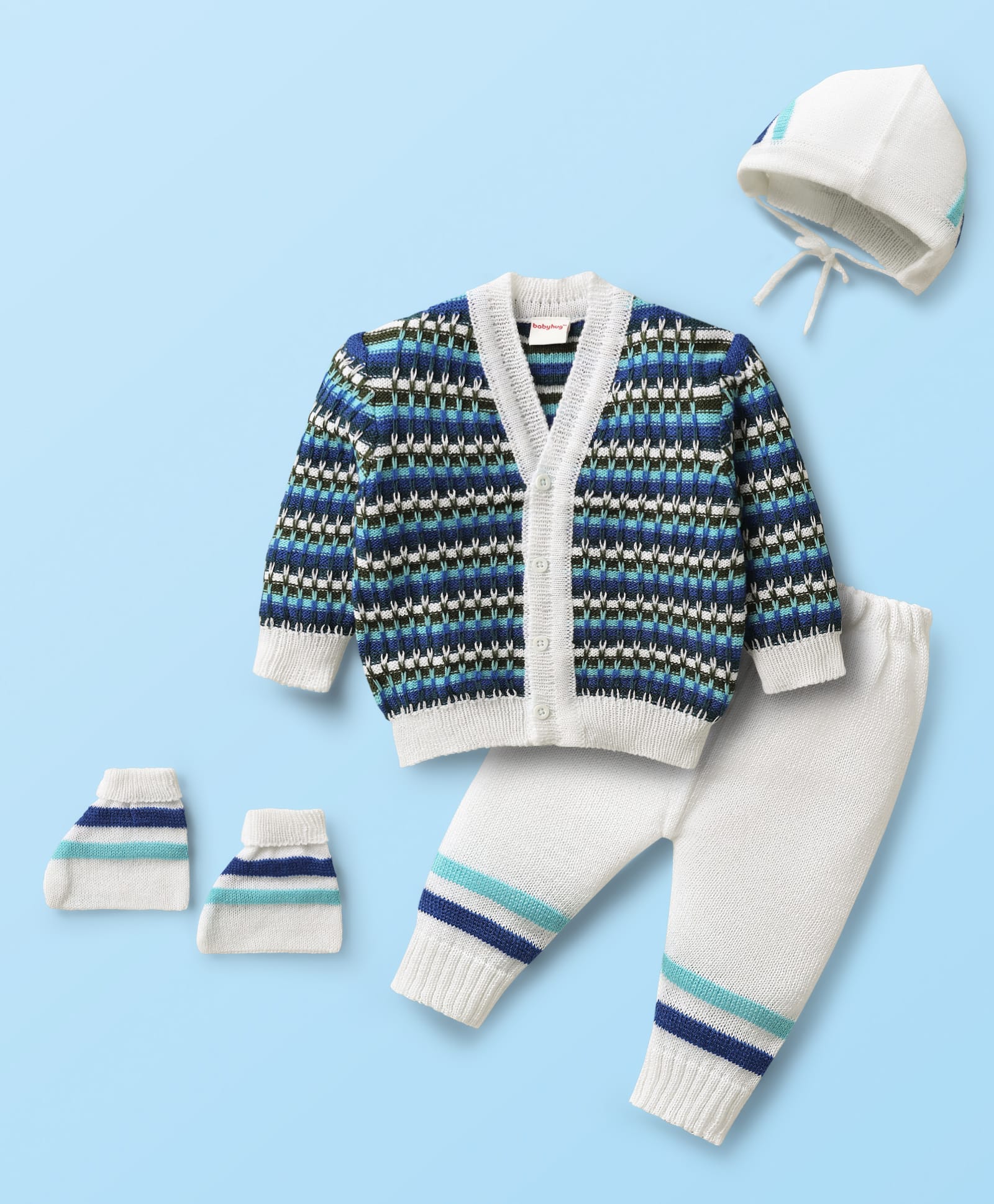 Babyhug Knit Full Sleeves Front Open Cable Knit Designed Sweater Set With Cap & Mittens - Multi Colour-image-32