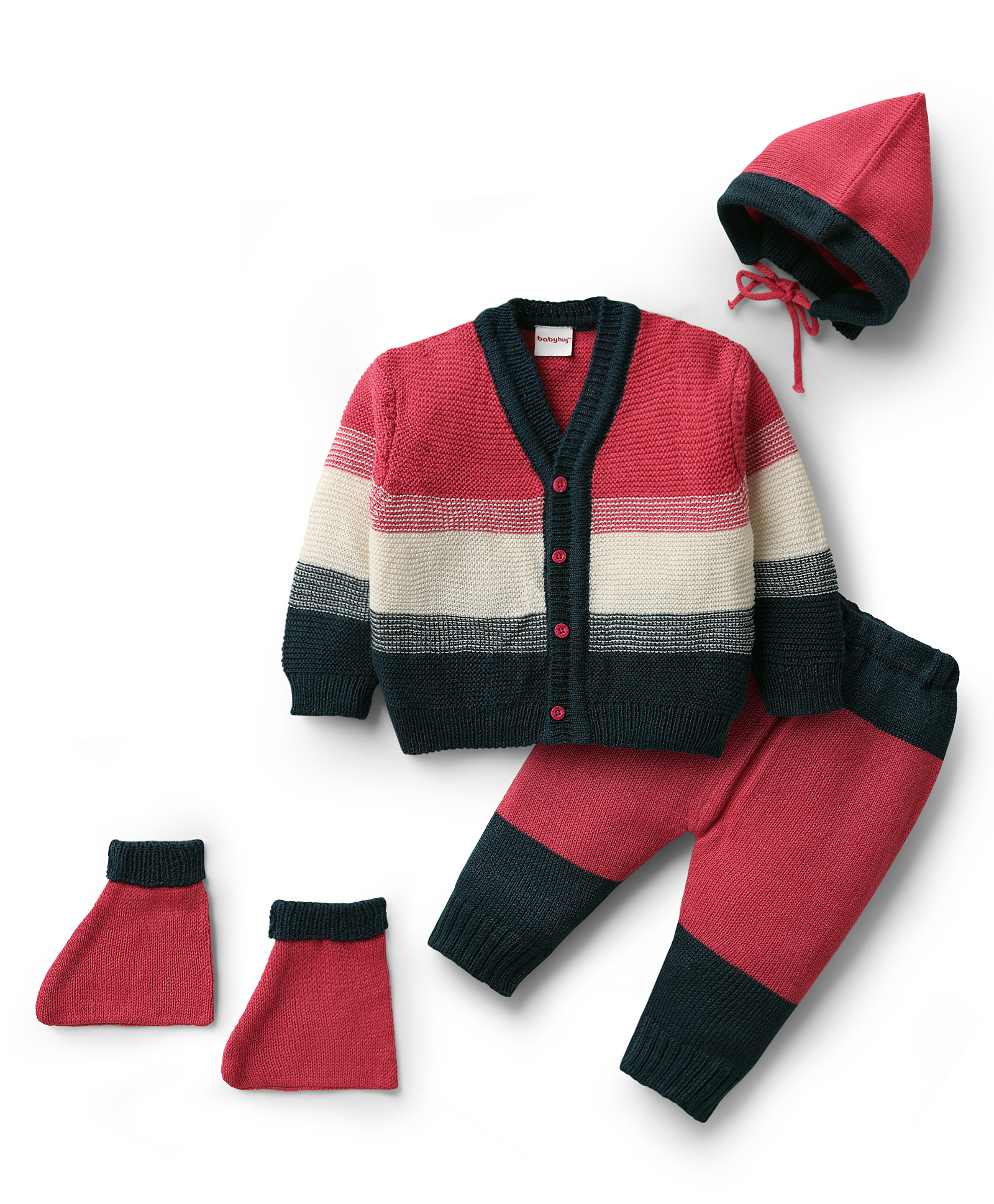 Babyhug Knit Full Sleeves Front Open Sweater Set with Color Block Design Cap with Knot & Booties - Dark Pink White & Black-picture-11
