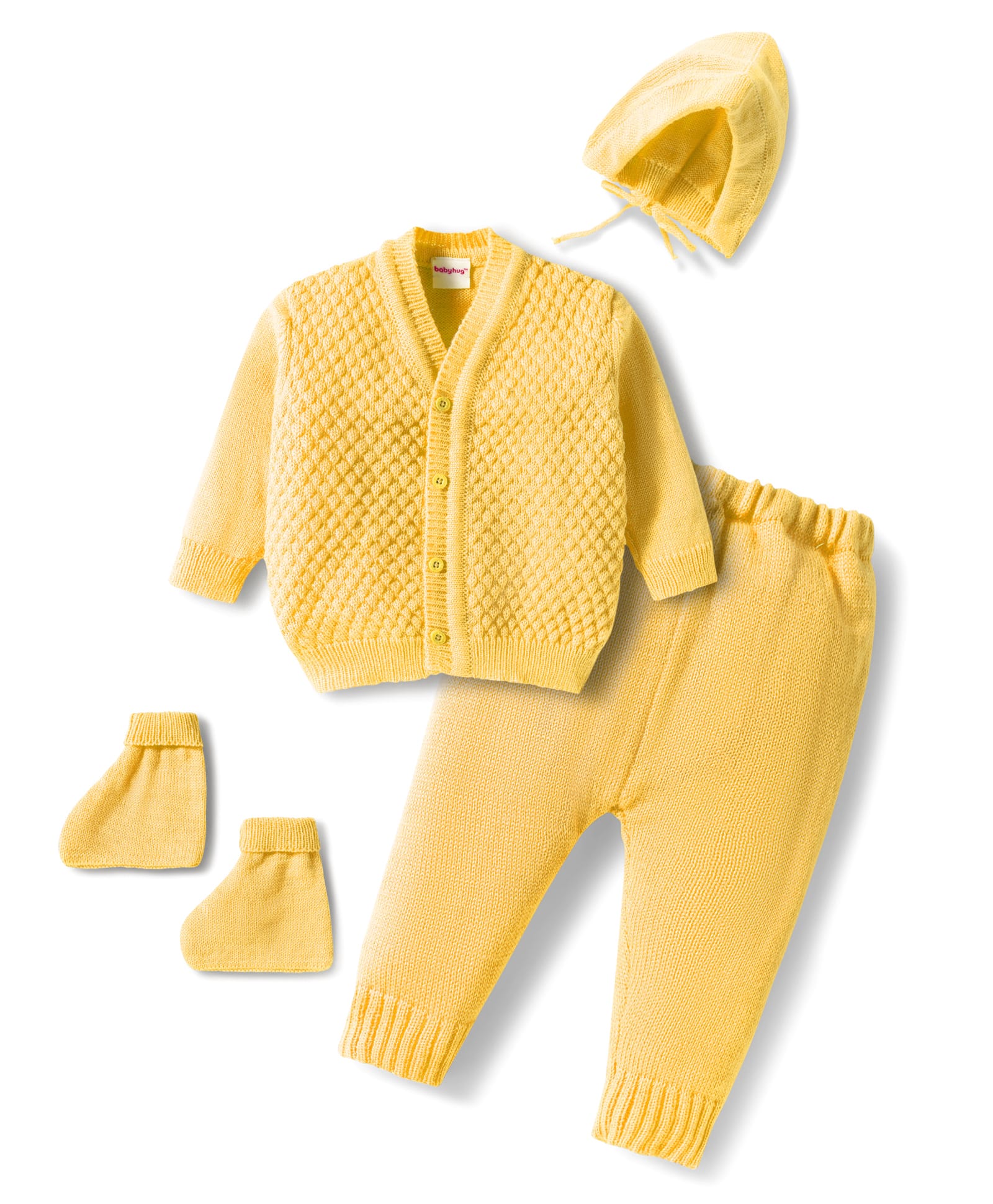Babyhug Knitted Full Sleeves Front Open Solid Sweater Set With Cap & Mittens - Yellow-picture-14