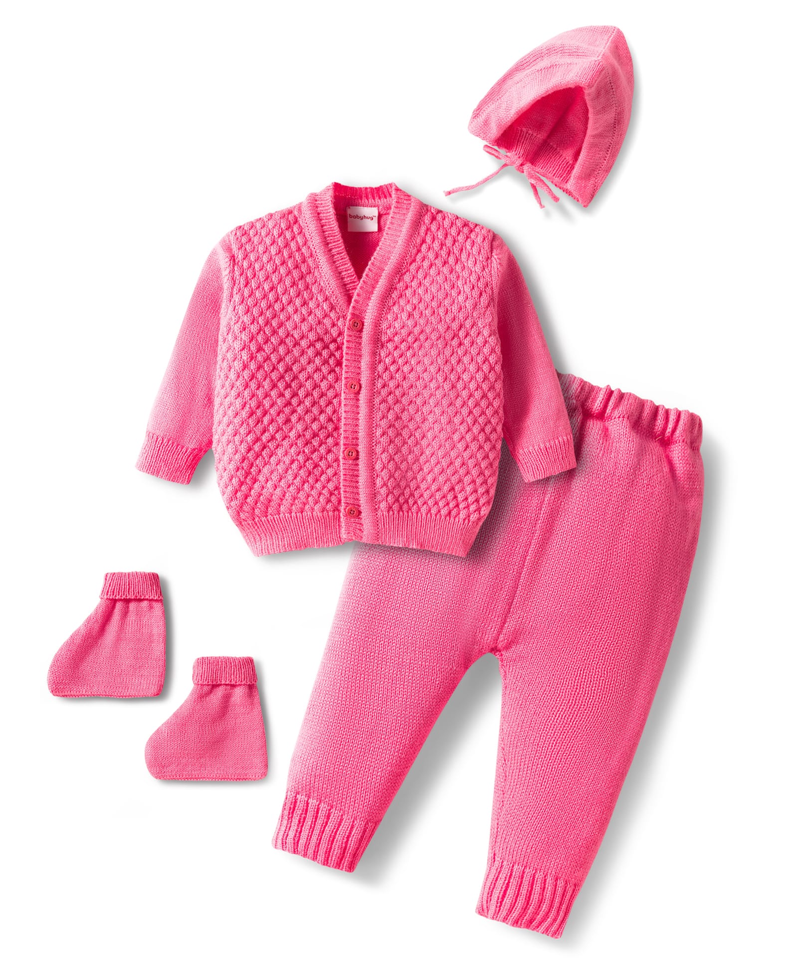 Babyhug Knitted Full Sleeves Front Open Solid Sweater Set With Cap & Mittens - Pink-picture-10