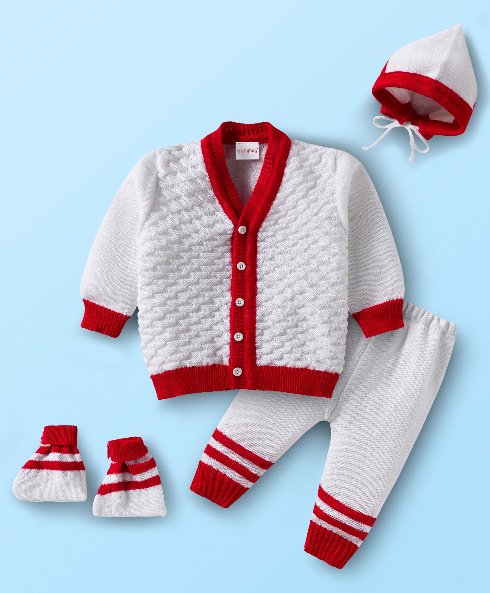 Babyhug Knit Full Sleeves Solid Color Front Open Sweater Set with Cap & Booties - Off White-image-34