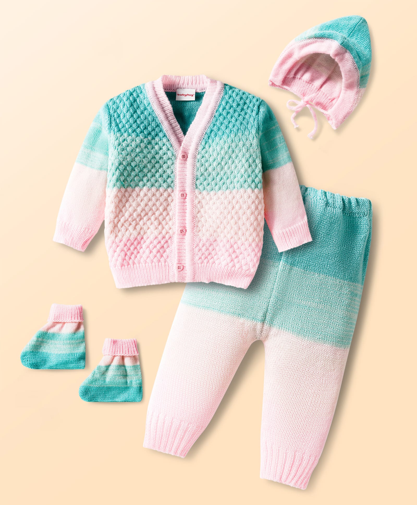 Babyhug Knit Full Sleeves Color Block Front Open Sweater Set with Cap & Booties - Pink-image-46