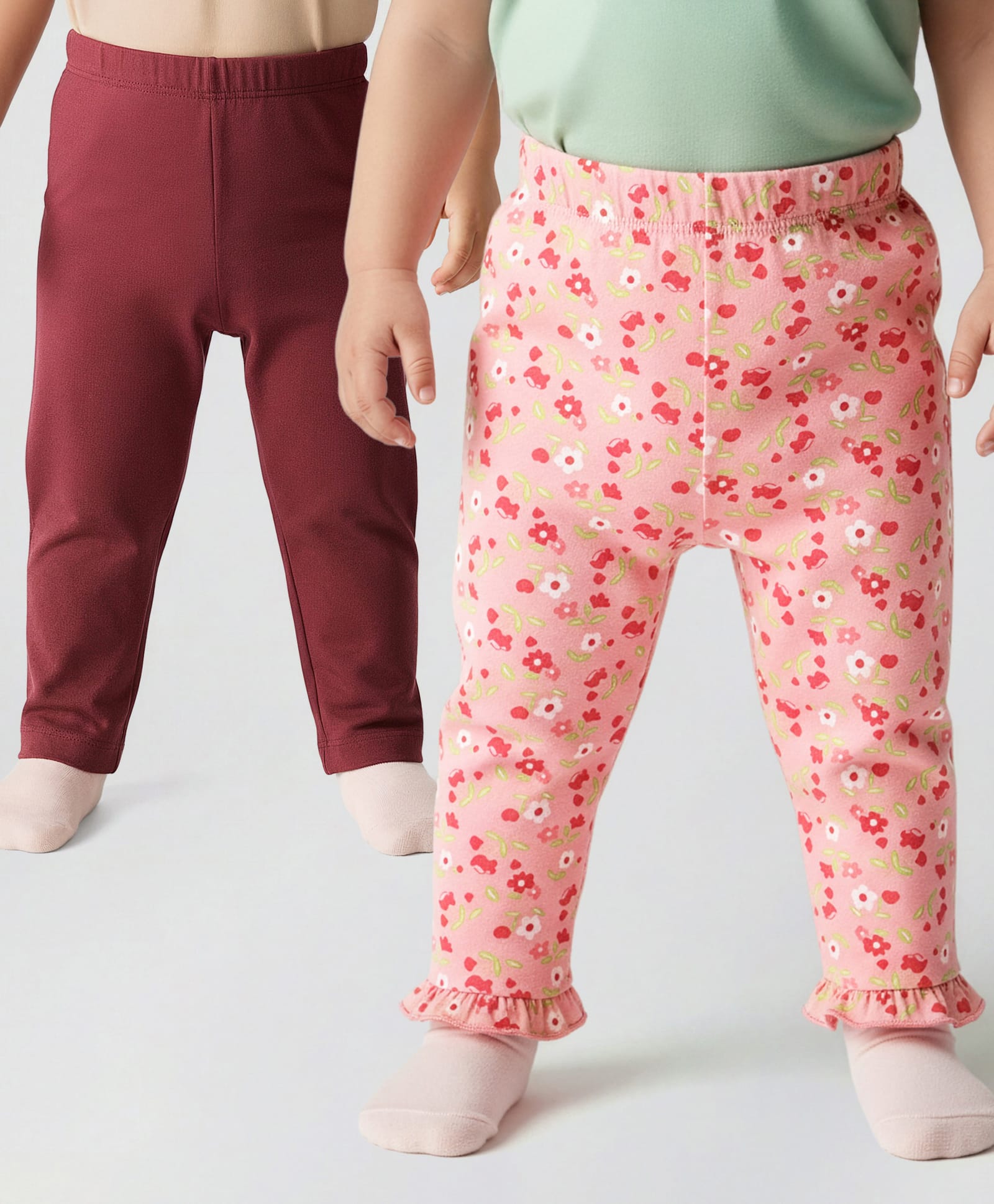 Babyoye Cotton Elastane Full Length Leggings with Floral Print Pack of 2 - Maroon & Peach-picture-14