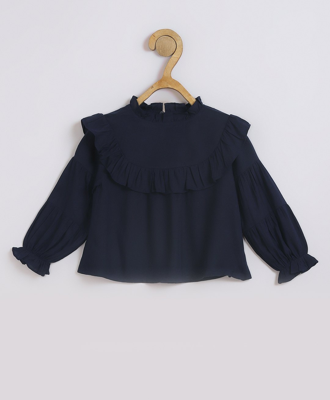 Chuppan Chupai Viscose Rayon Woven Full Peasant Sleeves Frill Detailed Top - Navy Blue-picture-23