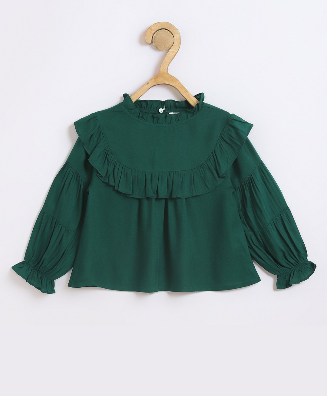 Chuppan Chupai Viscose Rayon Woven Full Peasant Sleeves Frill Detailed Top - Green-picture-22