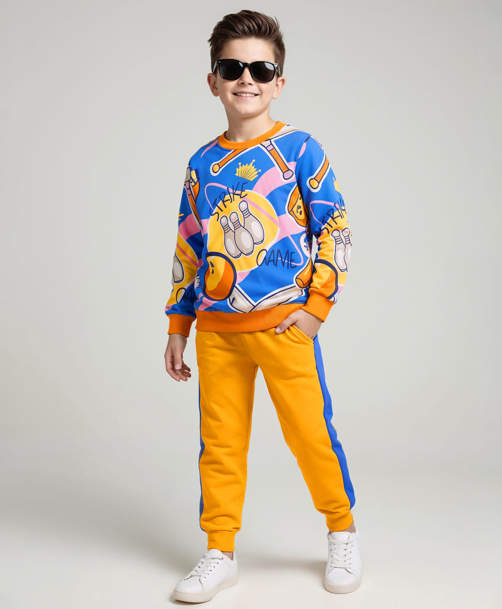OLLINGTON ST. Cotton Full Sleeves Sweatshirt With Bowling Print & Knit Joggers - Blue & Brown-image-48