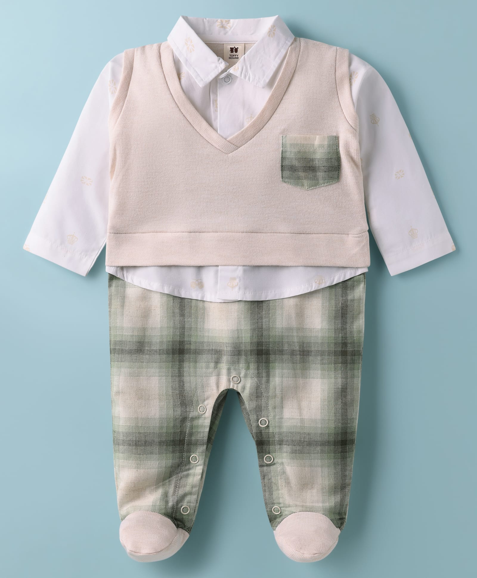 ToffyHouse Interlock Knit Full Sleeves Footed Sleep Suit with Checks - Multicolor-picture-8