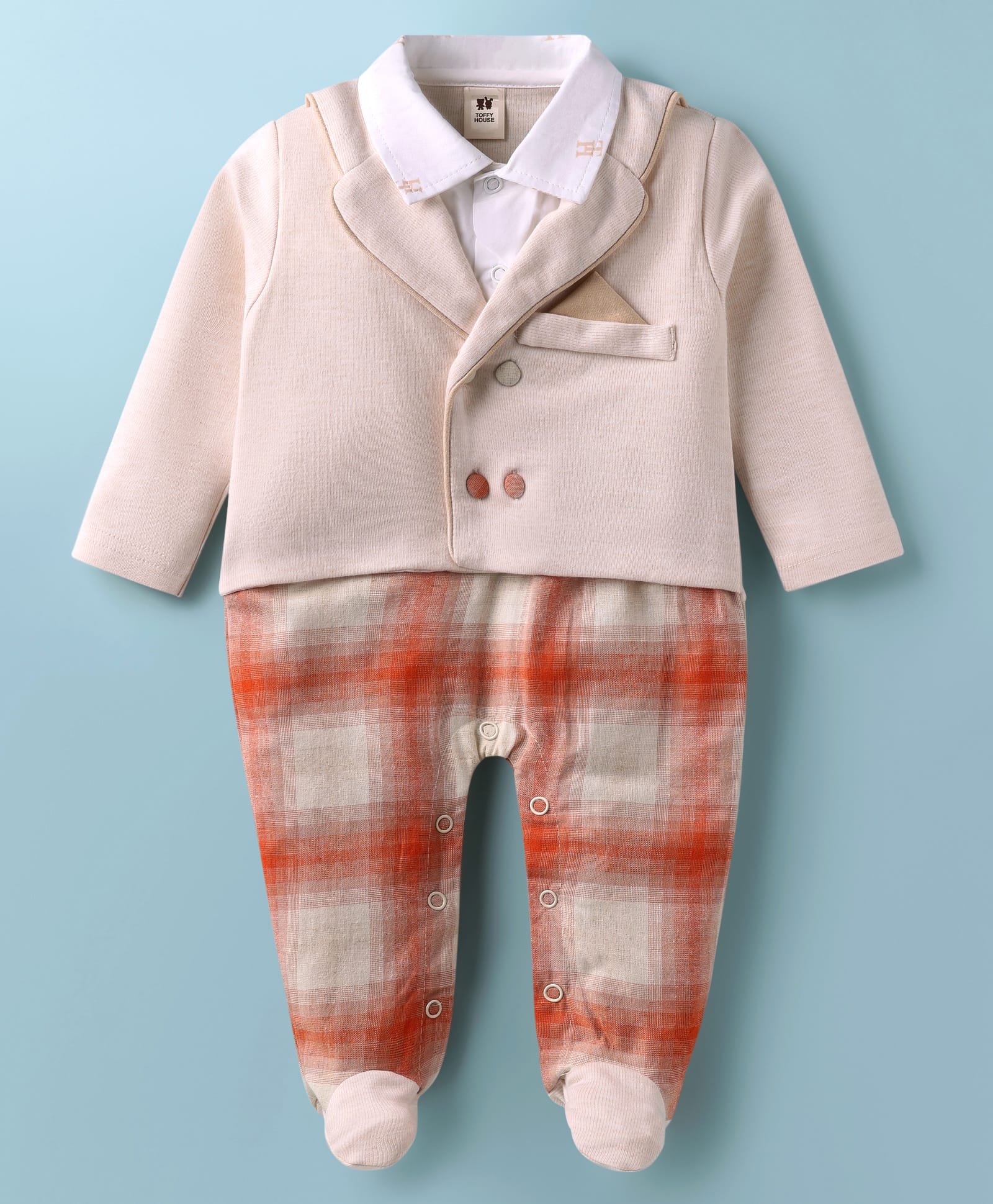 ToffyHouse Interlock Knit Full Sleeves Checks Footed Party Romper - Peach-image-40
