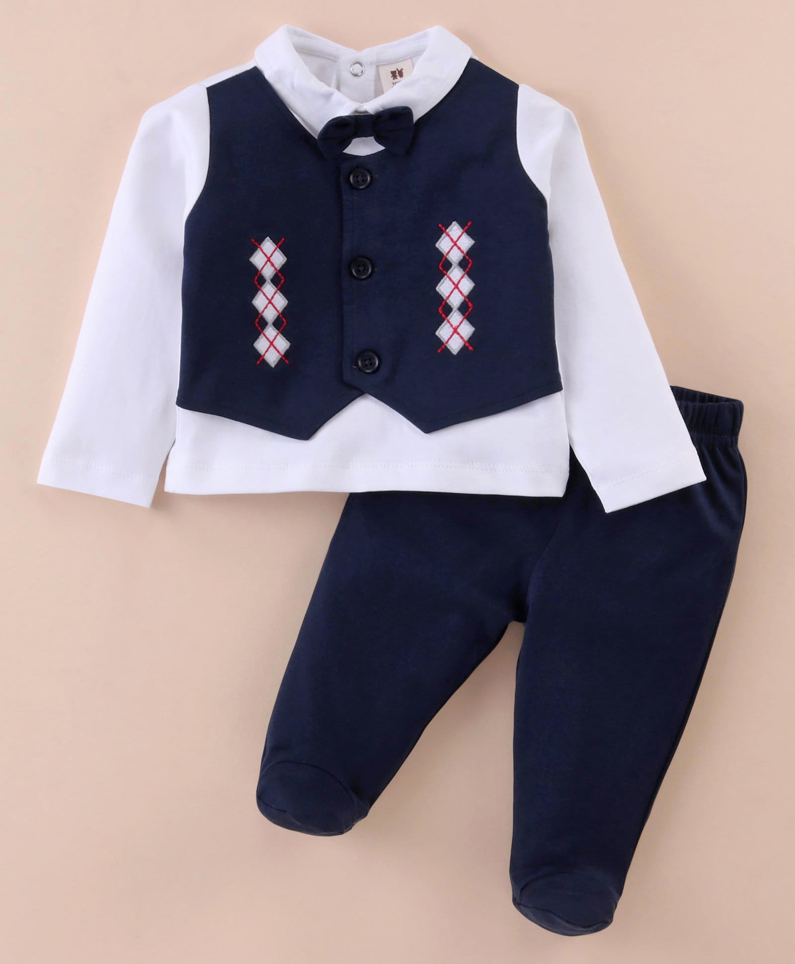 ToffyHouse Interlock Knit Full Sleeves T-Shirt & Pant with Attached Waistcoat & Bow Applique - Navy Blue-picture-38