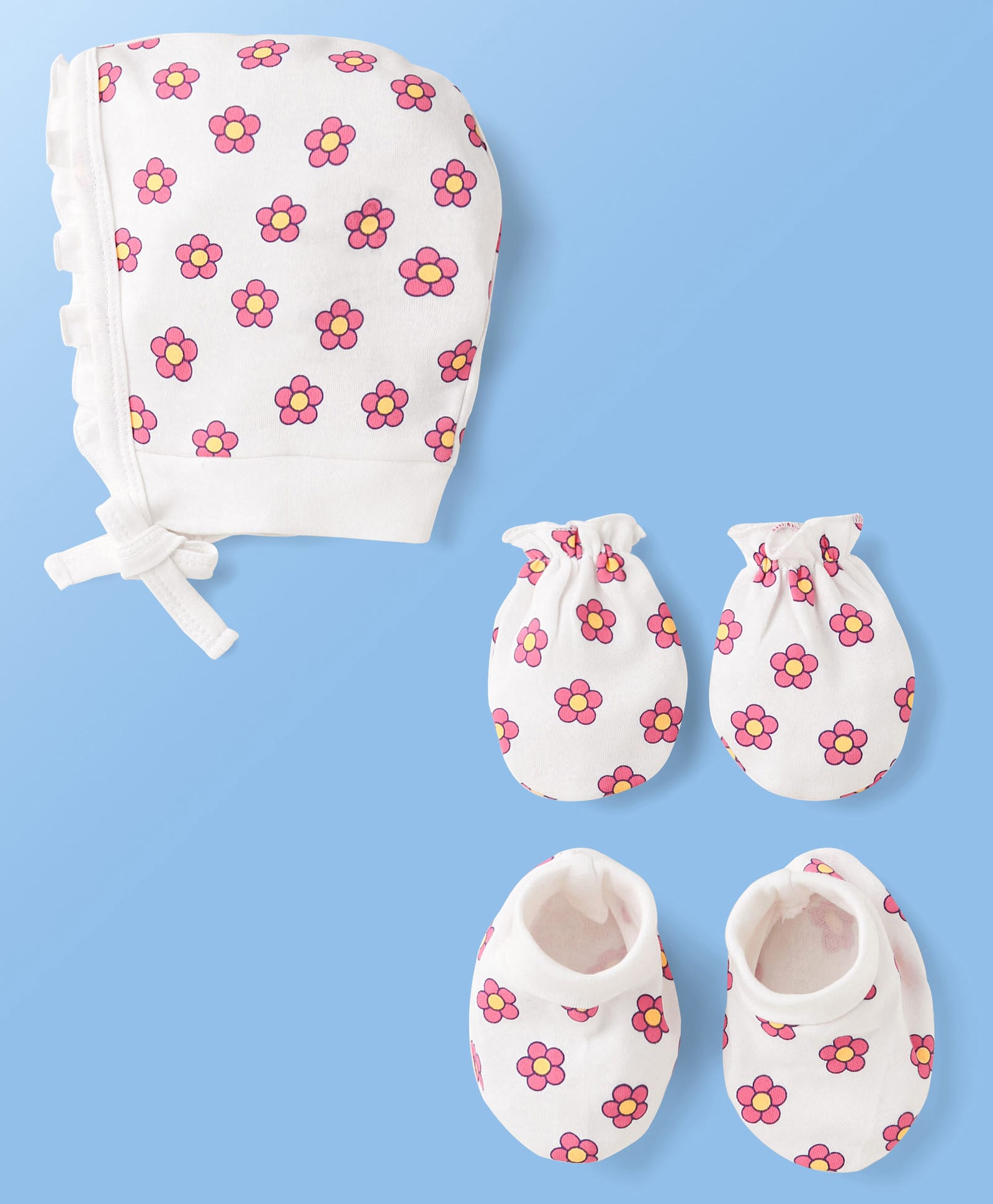 Doodle Poodle Interlock Cotton Knit Cap Mitten & Booties Set with Floral Print White - Diameter 19 cm-image-6