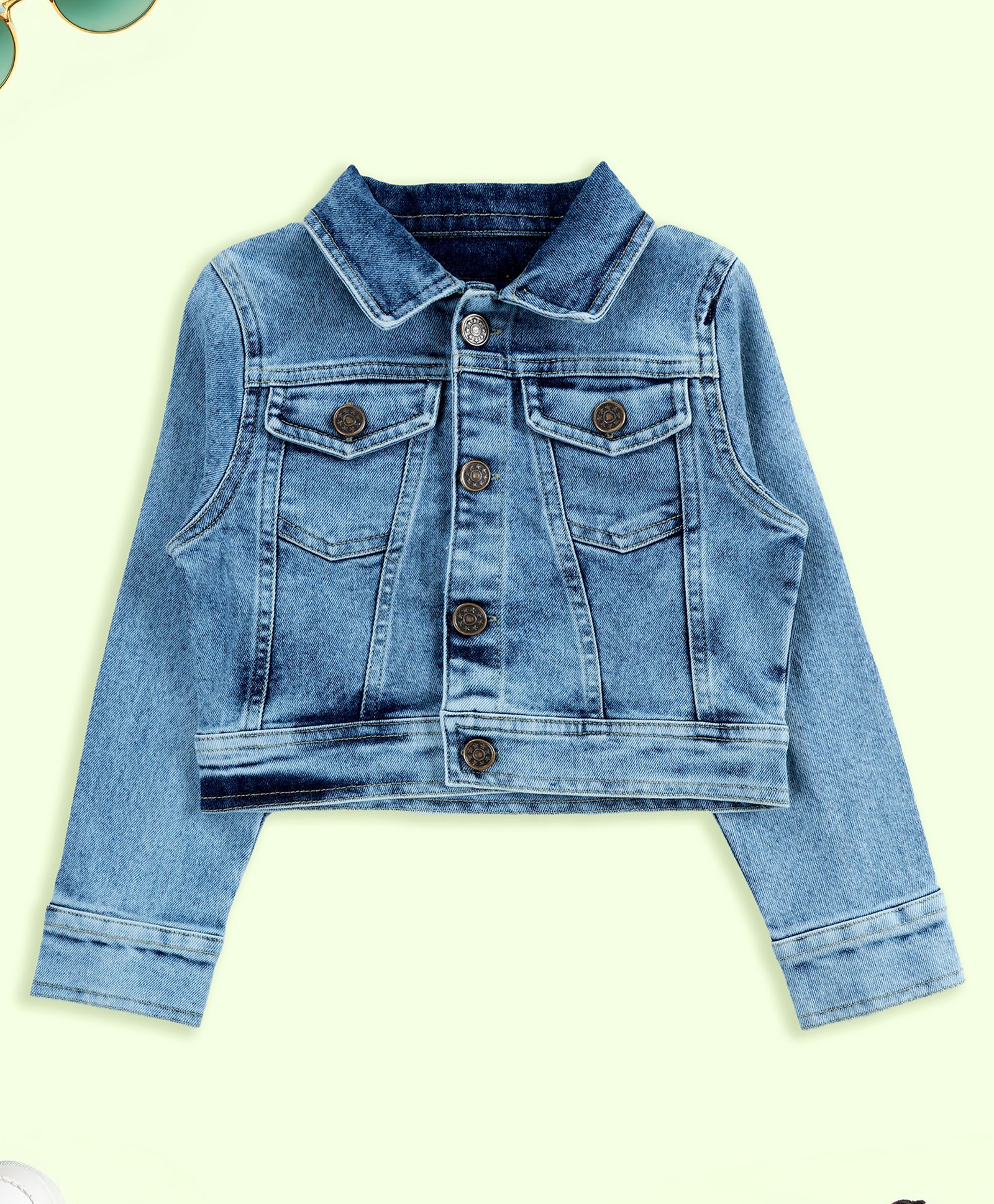 Kiddopanti Denim Woven Full Sleeves Pocket Detailed Crop Jacket - Light Blue-picture-30