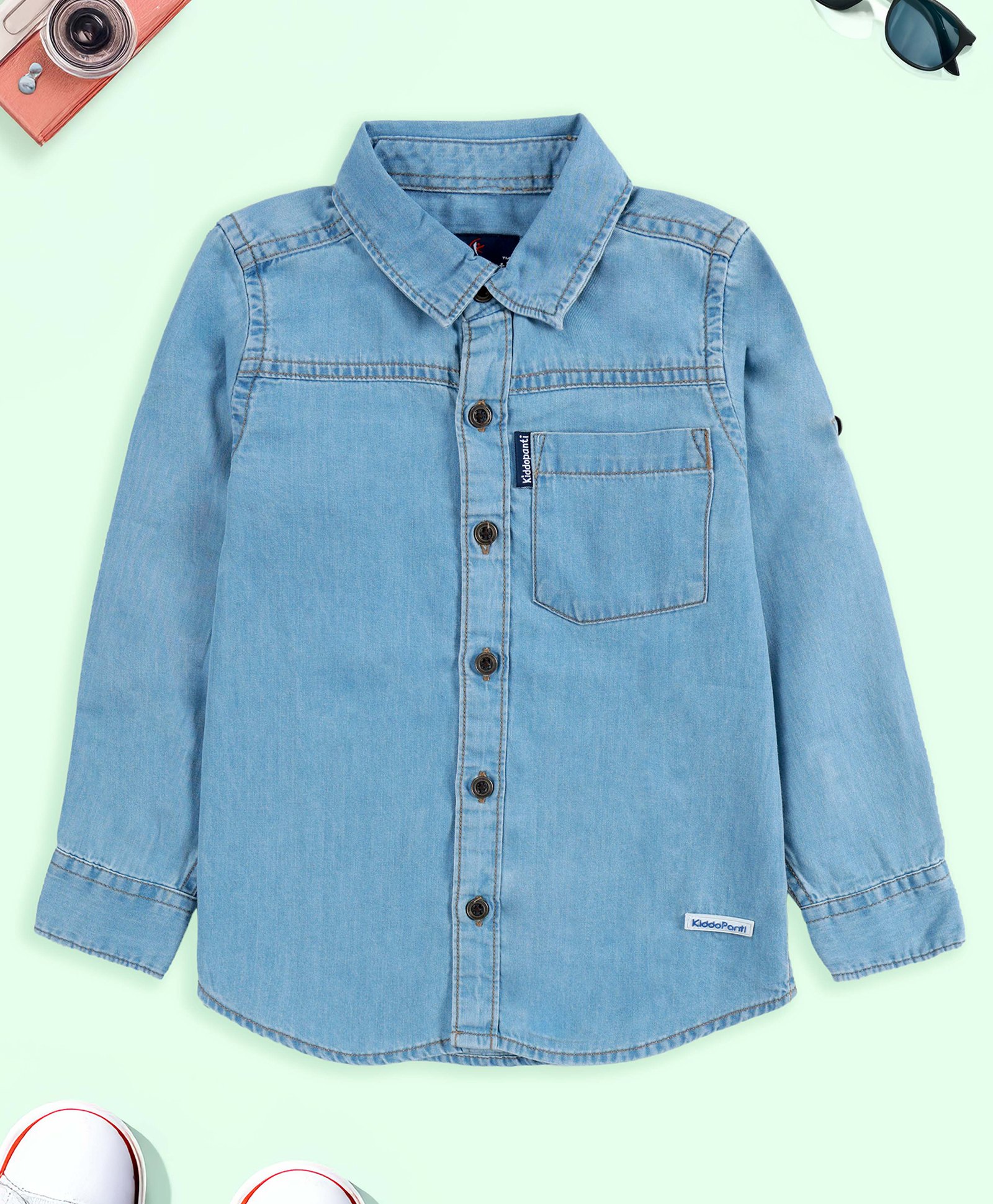 Kiddopanti Denim Woven Full Sleeves Solid Pocket Detailed Shirt - Light Blue-picture-15