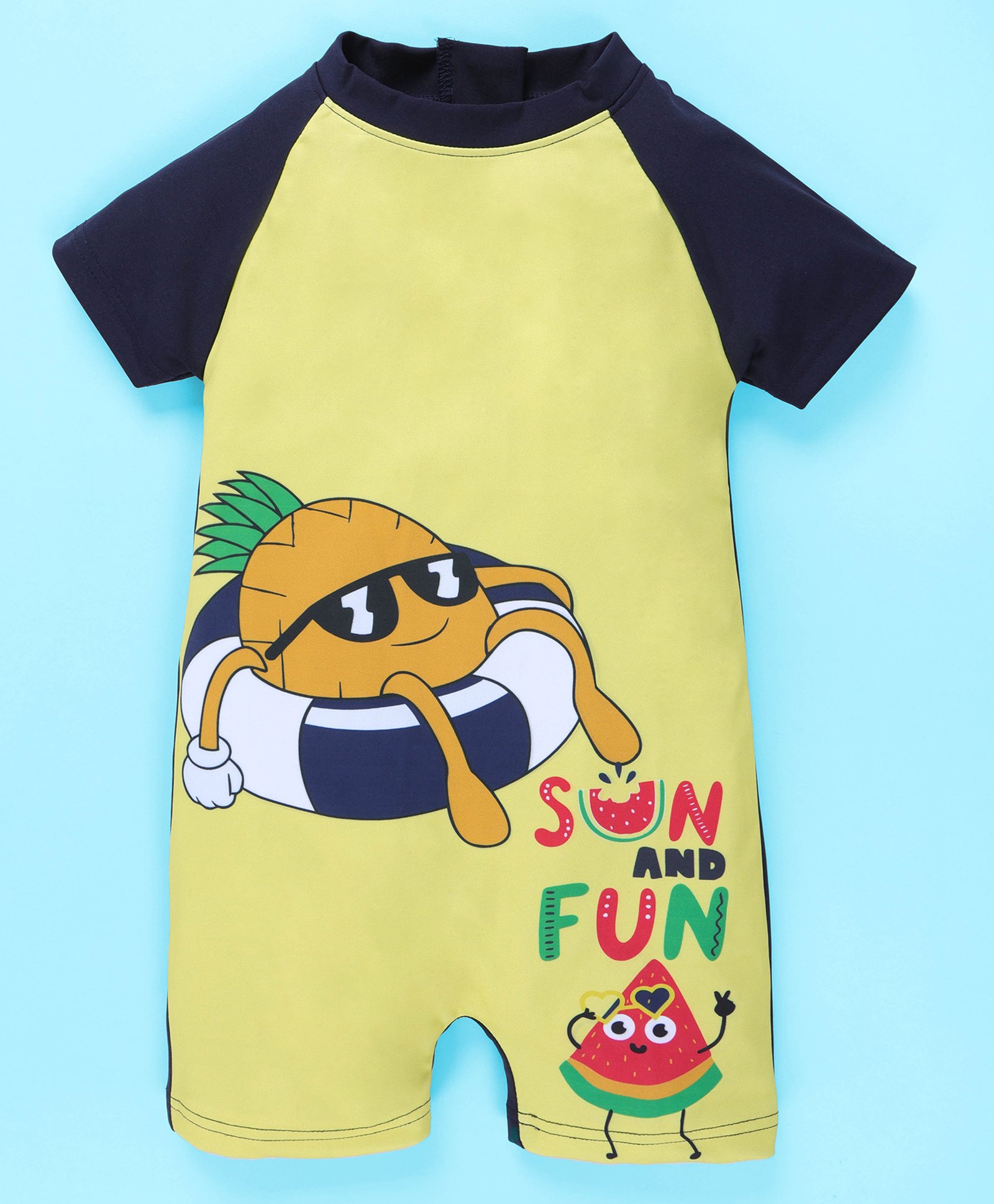 Kiddopanti Half Raglan Sleeves Pineapple & Watermelon Printed Legged Swimsuit - Navy Blue & Yellow-image-12