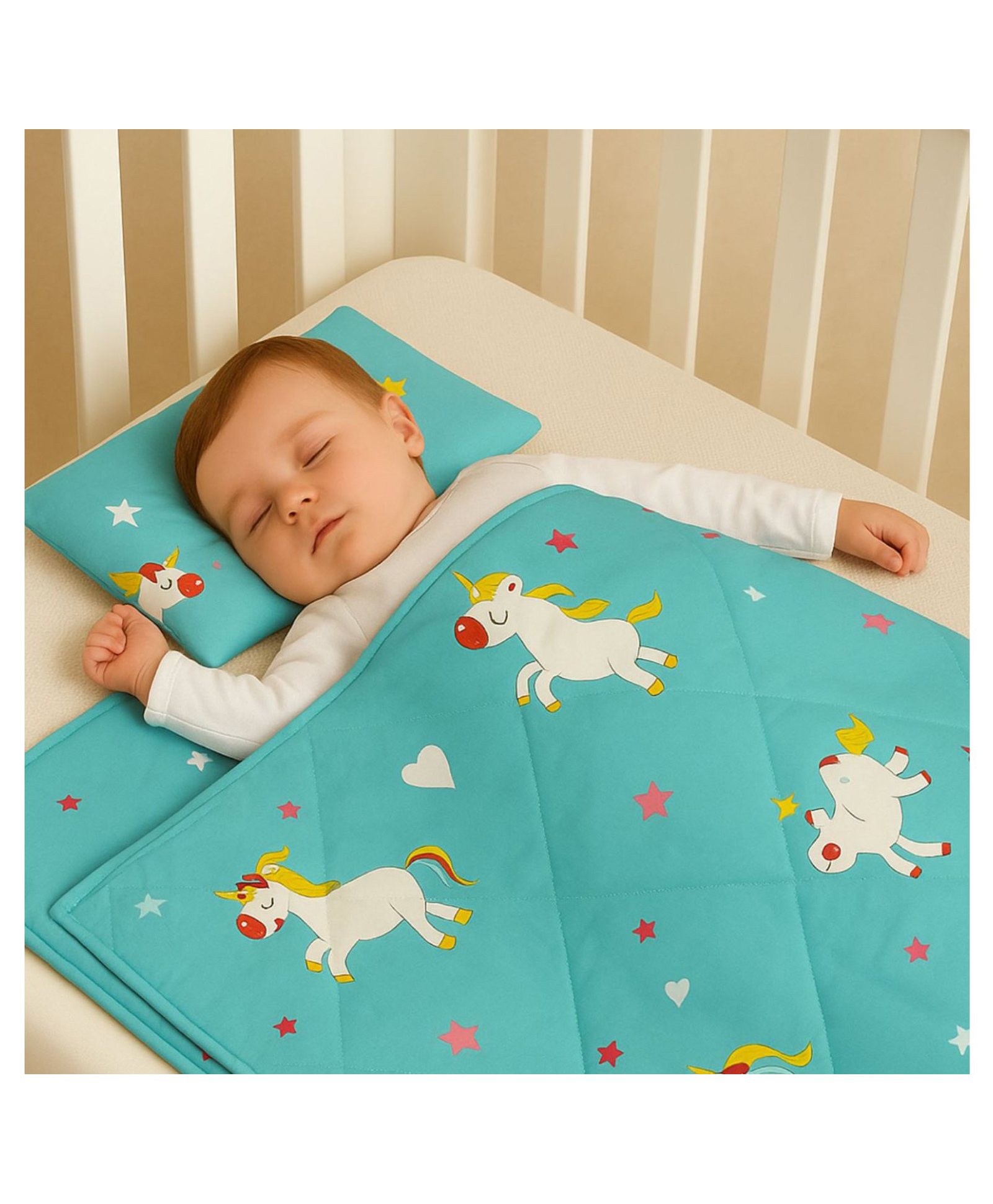 Zikku Baby Bedding Set Unicorn Print (Quilt + Pillow + Diaper changing pad) - Turquoise-image-1