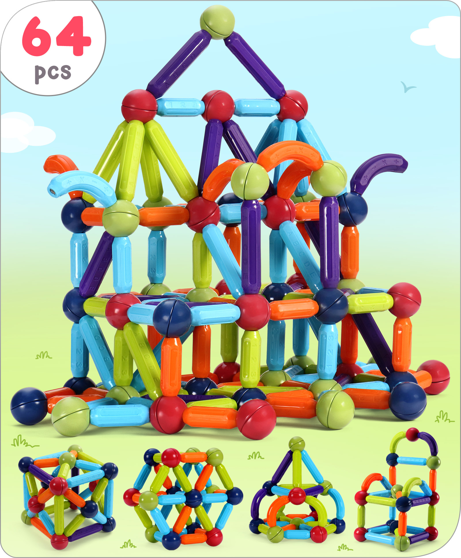 Babyhug Magnetic Colorful Sticks - 64 Pieces| Montessori Learning| Learning Building Activity & Educational Toy| for 3+ Year Kids| Creative Gifting| Unlimited Play| Child Safe Material| BIS Certified