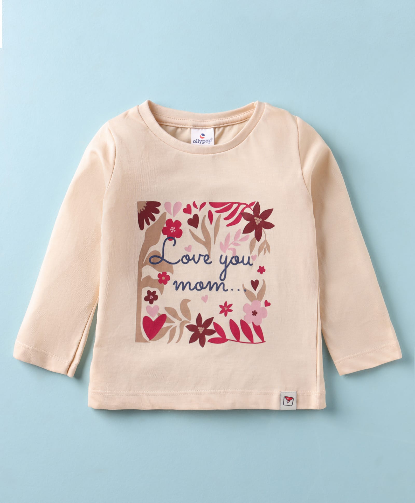 Ollypop Cotton Knit Full Sleeves T-Shirt With I Love Mom Text Print - Peach-picture-30