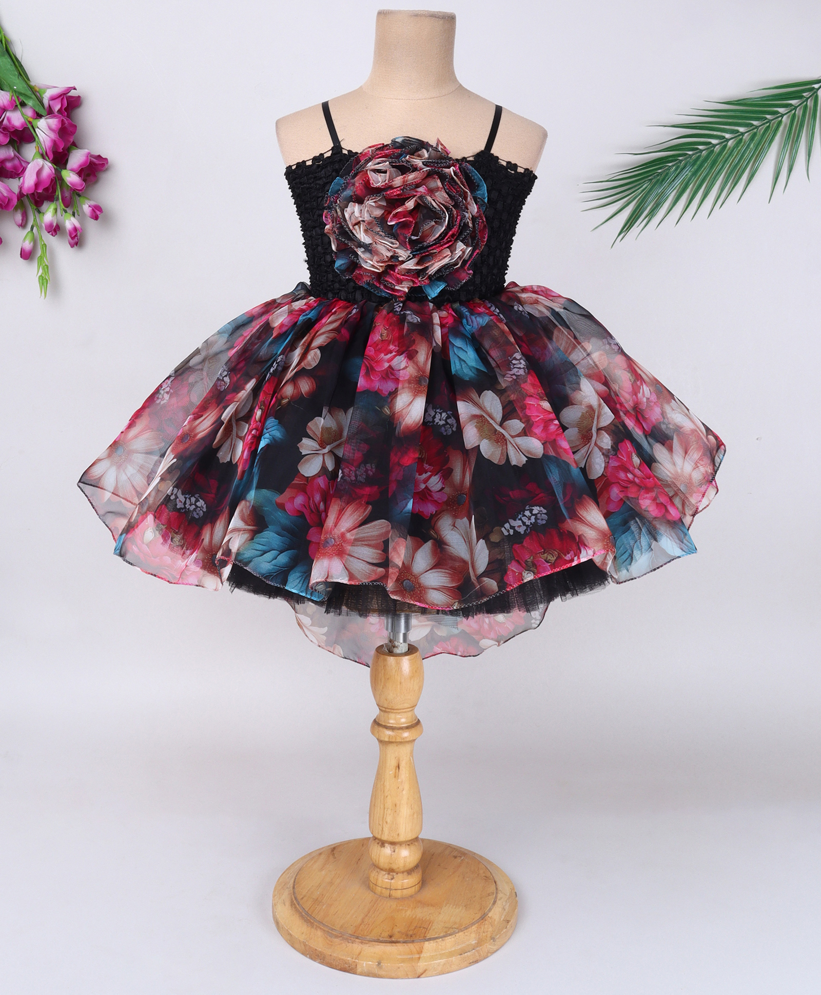 TINY MINY MEE Organza Elastane Woven Sleeveless Floral Printed & Applique Detailed High Low Dress - Black-picture-16