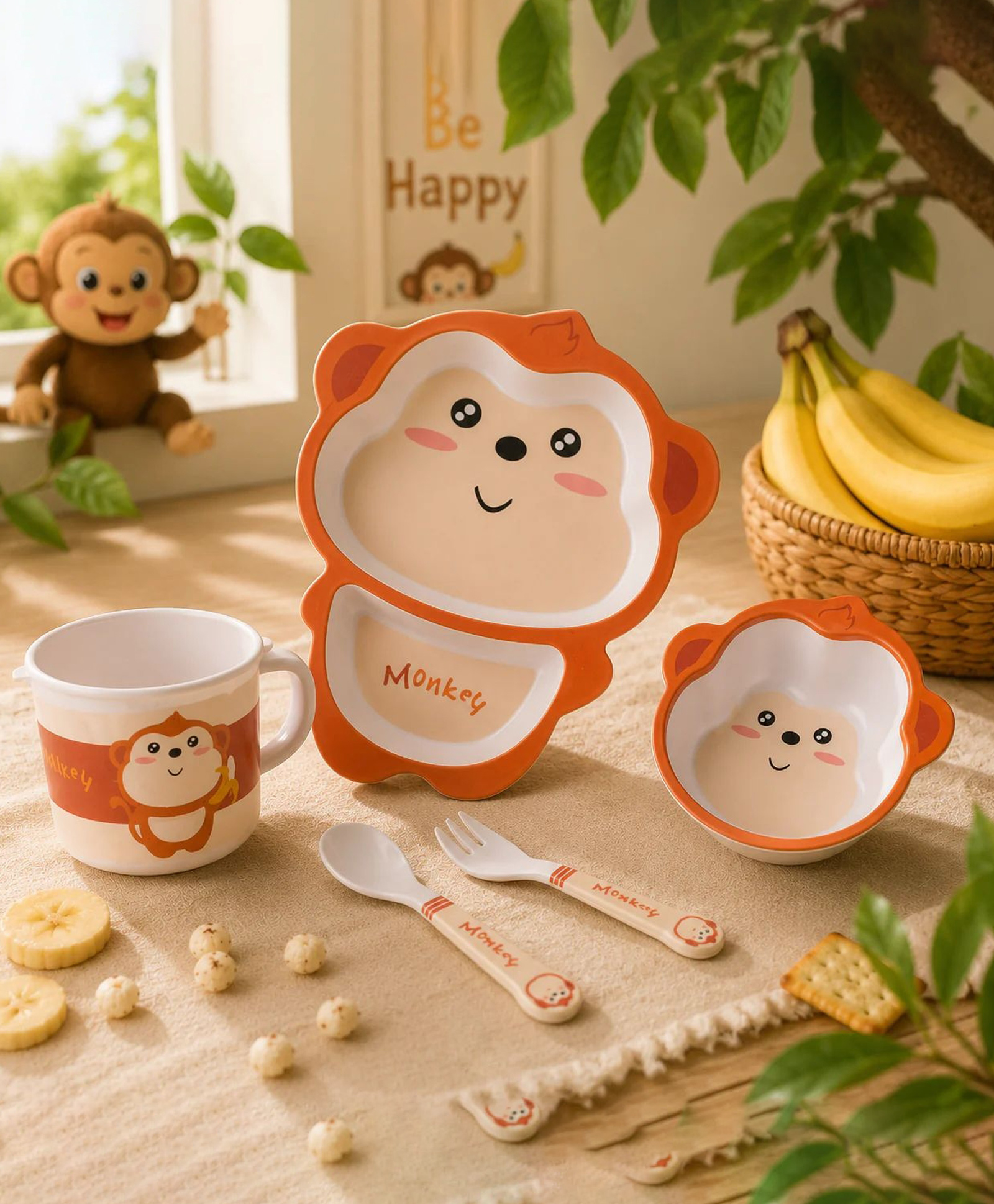 The Bamboo Co Mischievous Monkey Bamboo Kids Dinner Set of 5- Brown-image-8
