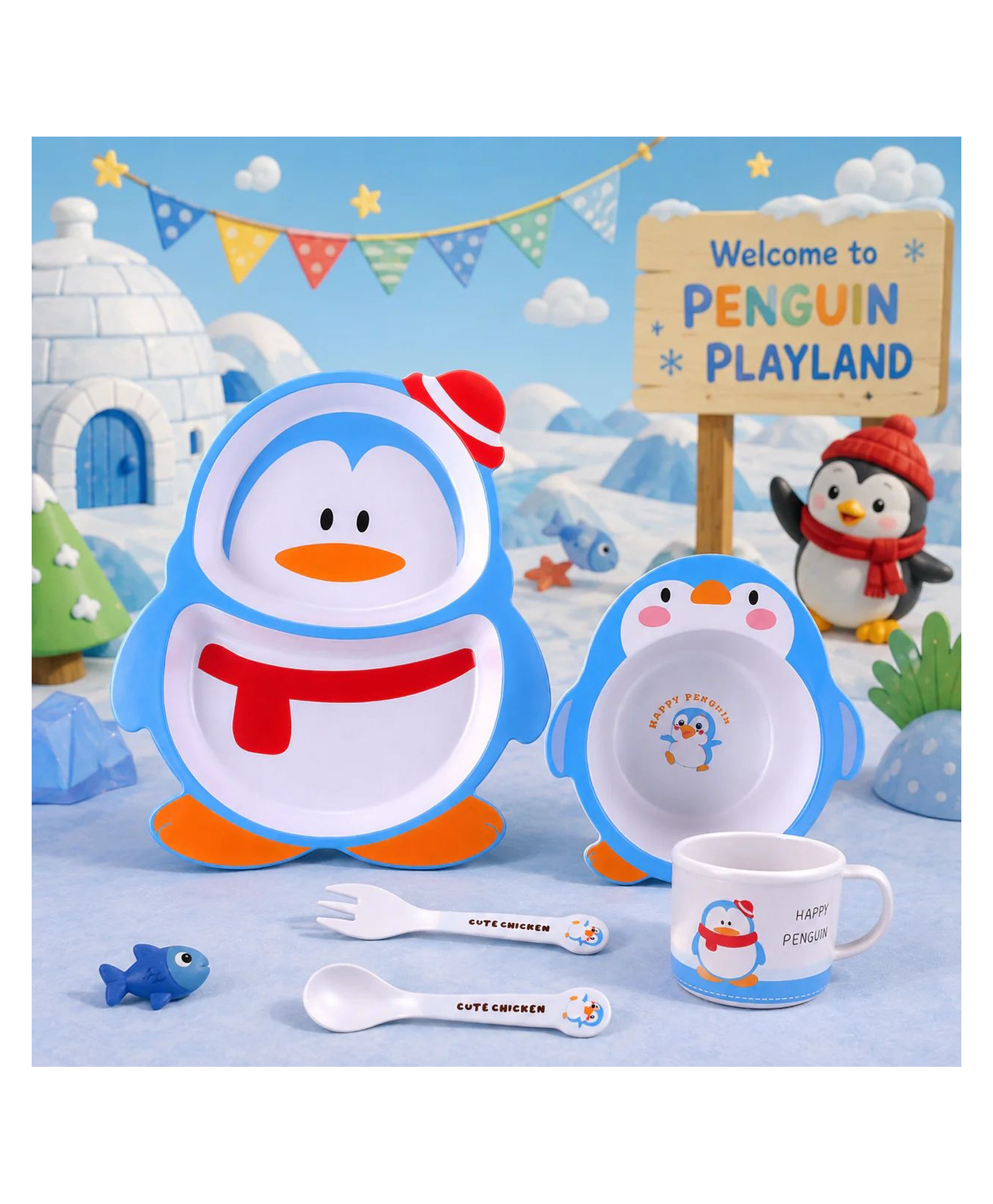 The Bamboo Co Paddy- The Penguin Bamboo Kids Dinner Set of 5- Blue-image-20