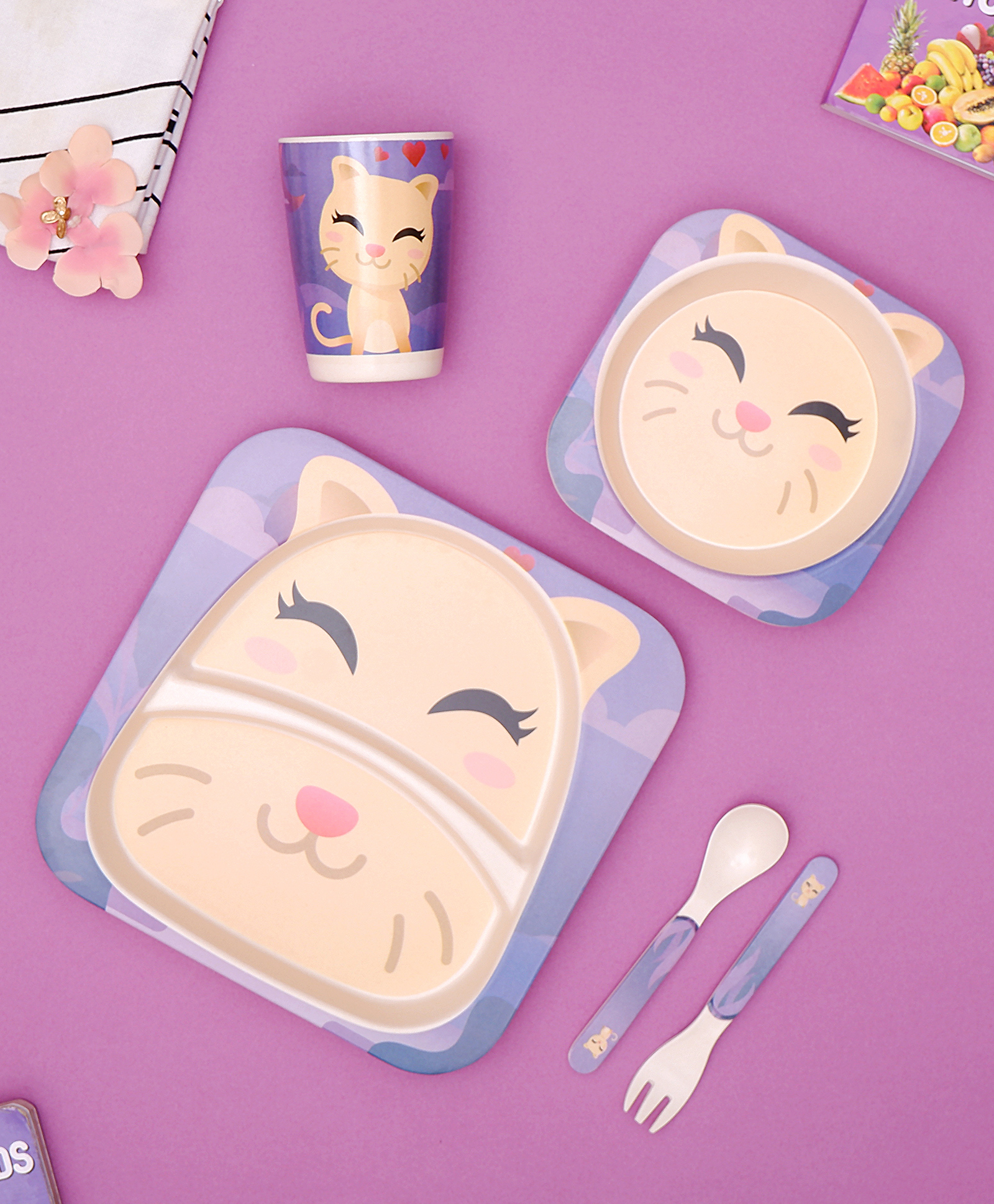 The Bamboo Co Purrfect Kitty Bamboo Kids Dinner Set of 5- Purple-picture-26