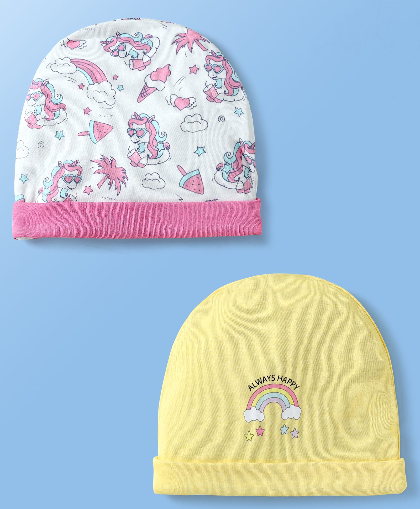 Doodle Poodle Interlock Cotton Knit Caps with Unicorn & Rainbow Print Pack of 2 White & Yellow - Demeter 12 cm-image-34