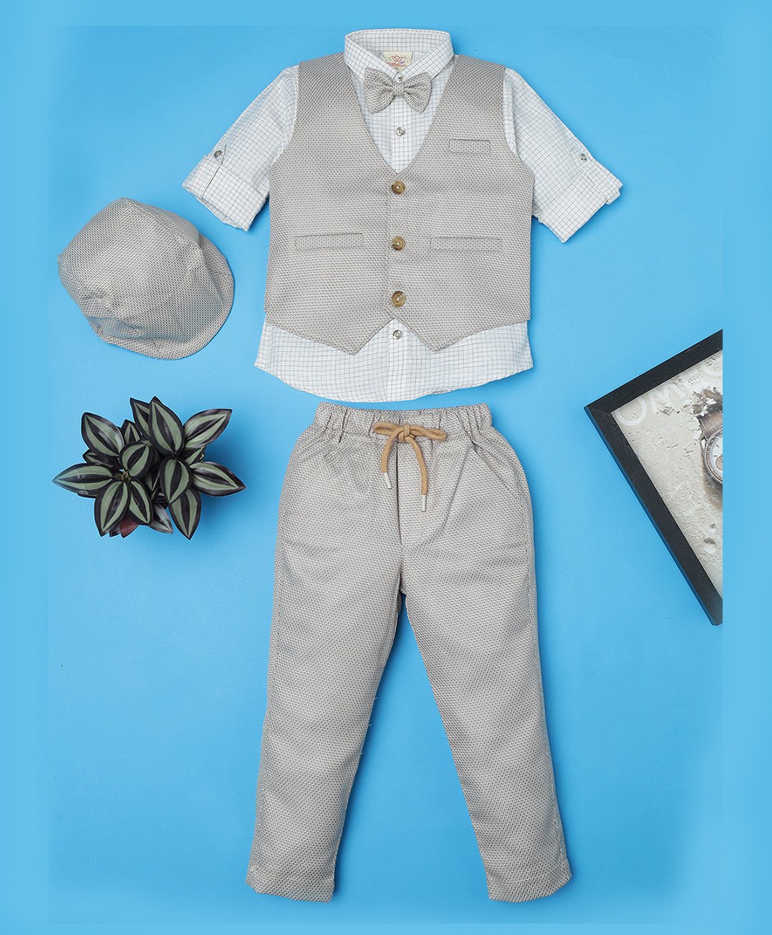 Rikidoos Full Sleeves Checked & Abstract Printed 3 Piece Party Suit Set With Bow & Cap - Beige & Off White-picture-10