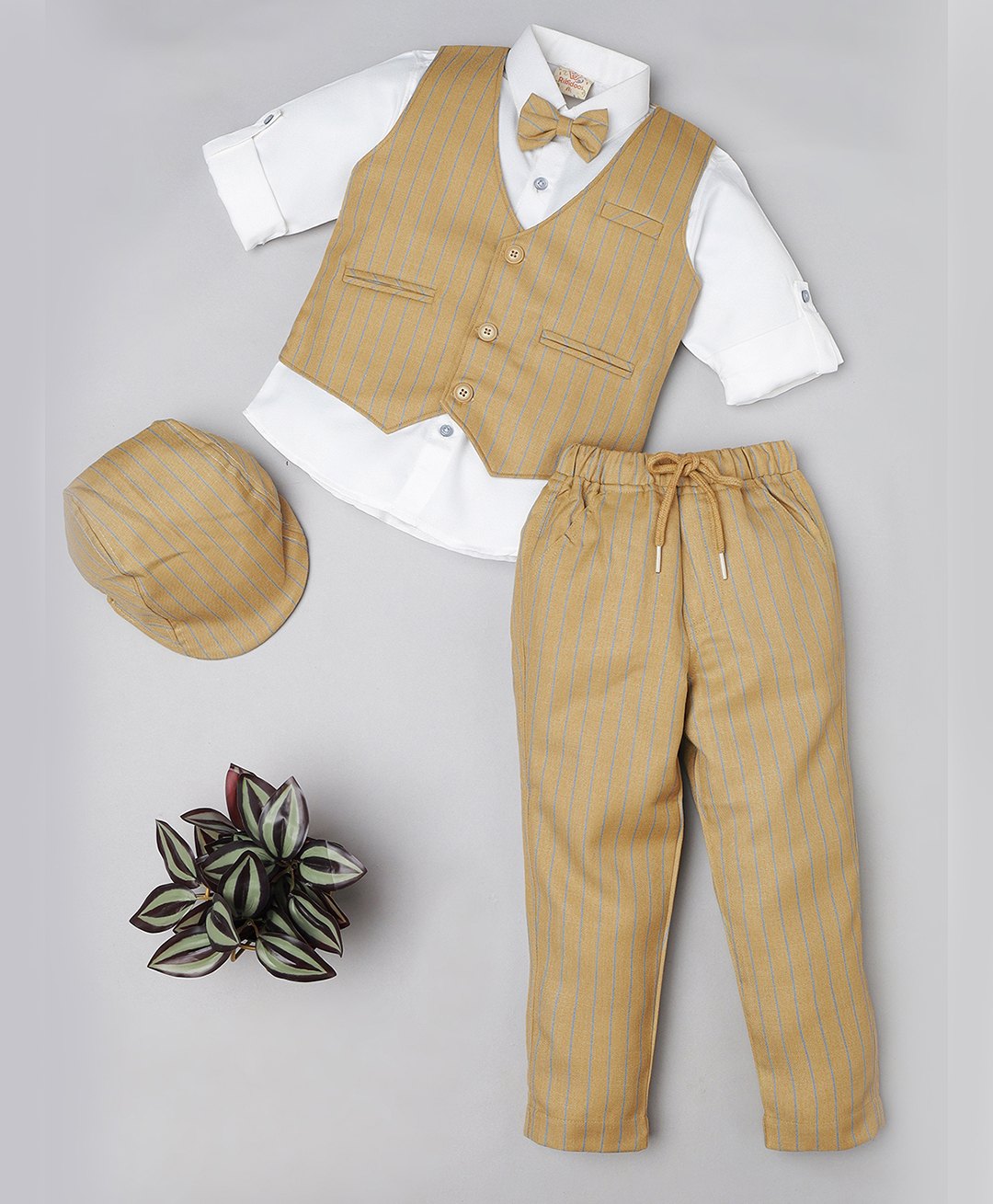 Rikidoos Full Sleeves Striped 3 Piece Party Suit Set With Bow & Cap - Khaki & White-image-28