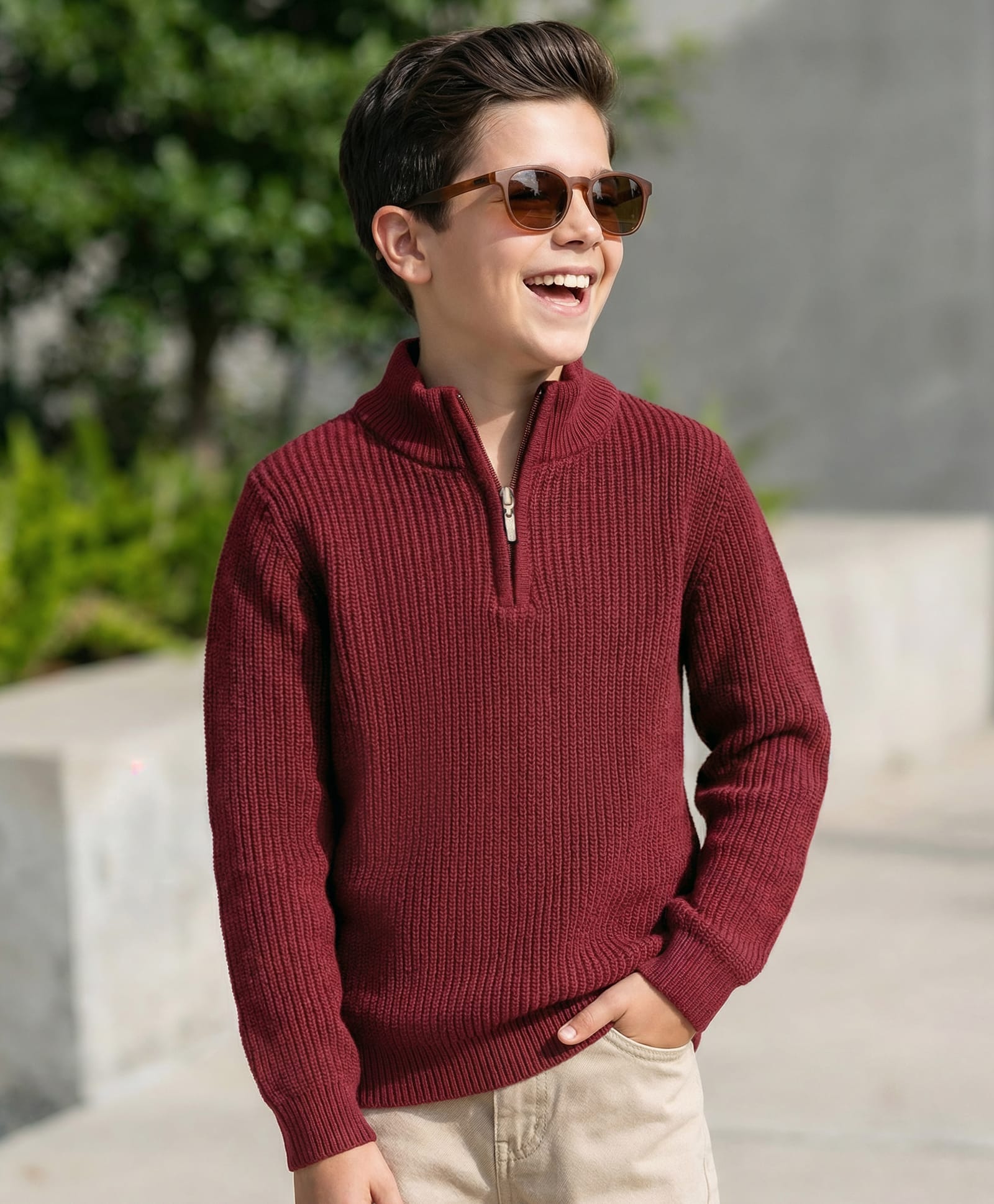 Pine Kids Knit Full Sleeves High Neck Solid Color Pullover Sweater - Wine-picture-24
