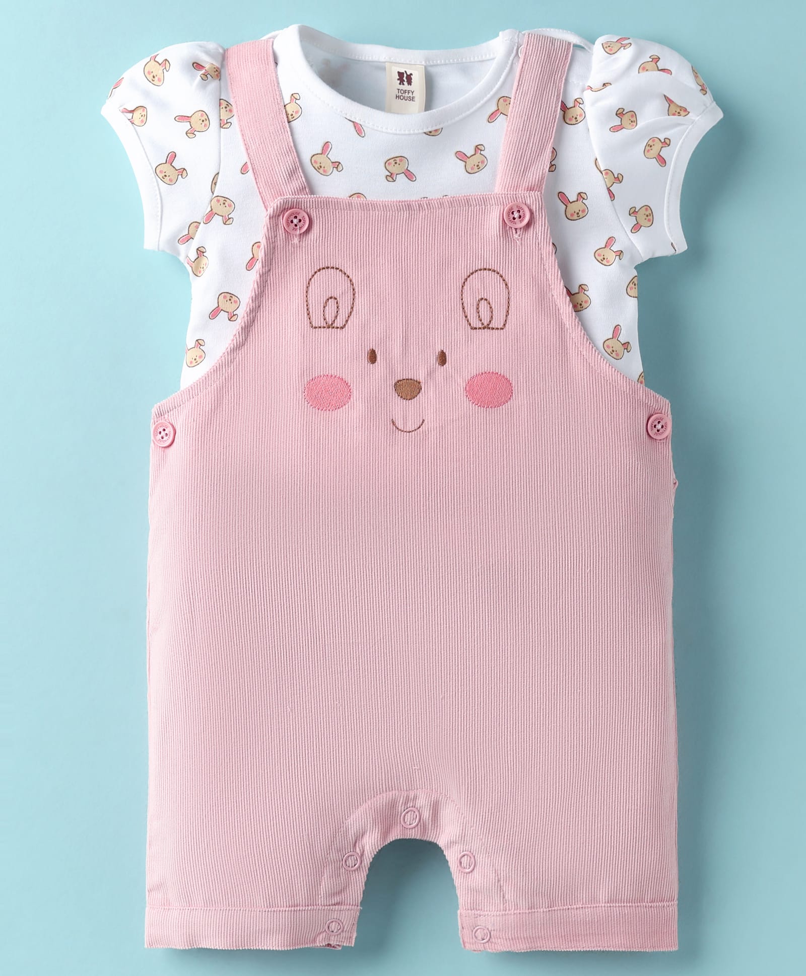ToffyHouse Corduroy Woven Dungaree & Half Sleeves Inner Tee With Bunny Print & Embroidery - Coral & White-picture-12