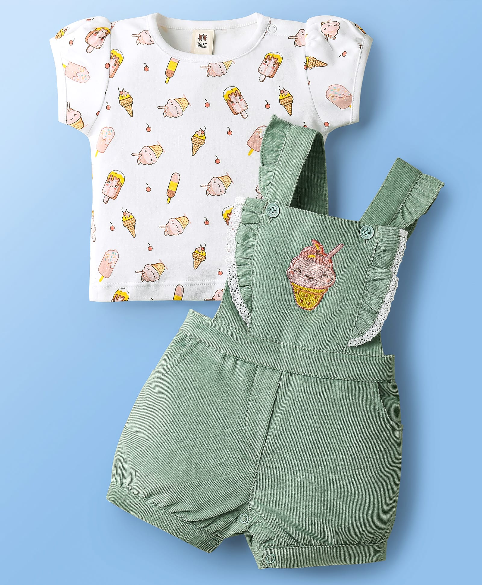 ToffyHouse Corduroy Woven Half Sleeves T-Shirt & Dungaree Set With Ice- Cream Embroidery - Olive Green & White-picture-23