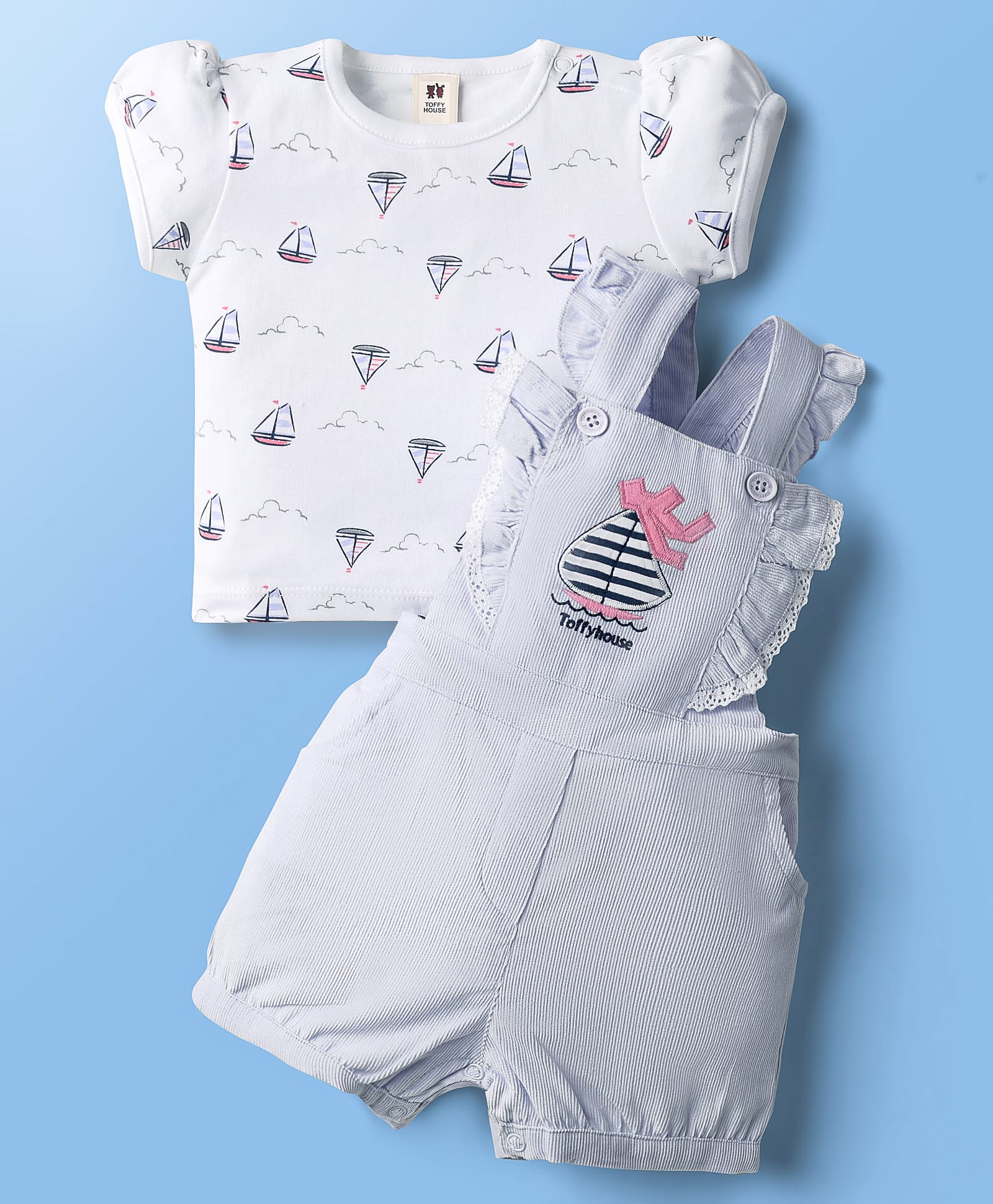 ToffyHouse Corduroy Woven Knit Puff Sleeve Top & Dungarees Set with Frill Detailing & Nautical Theme Print - White & Blue Mauve-image-8