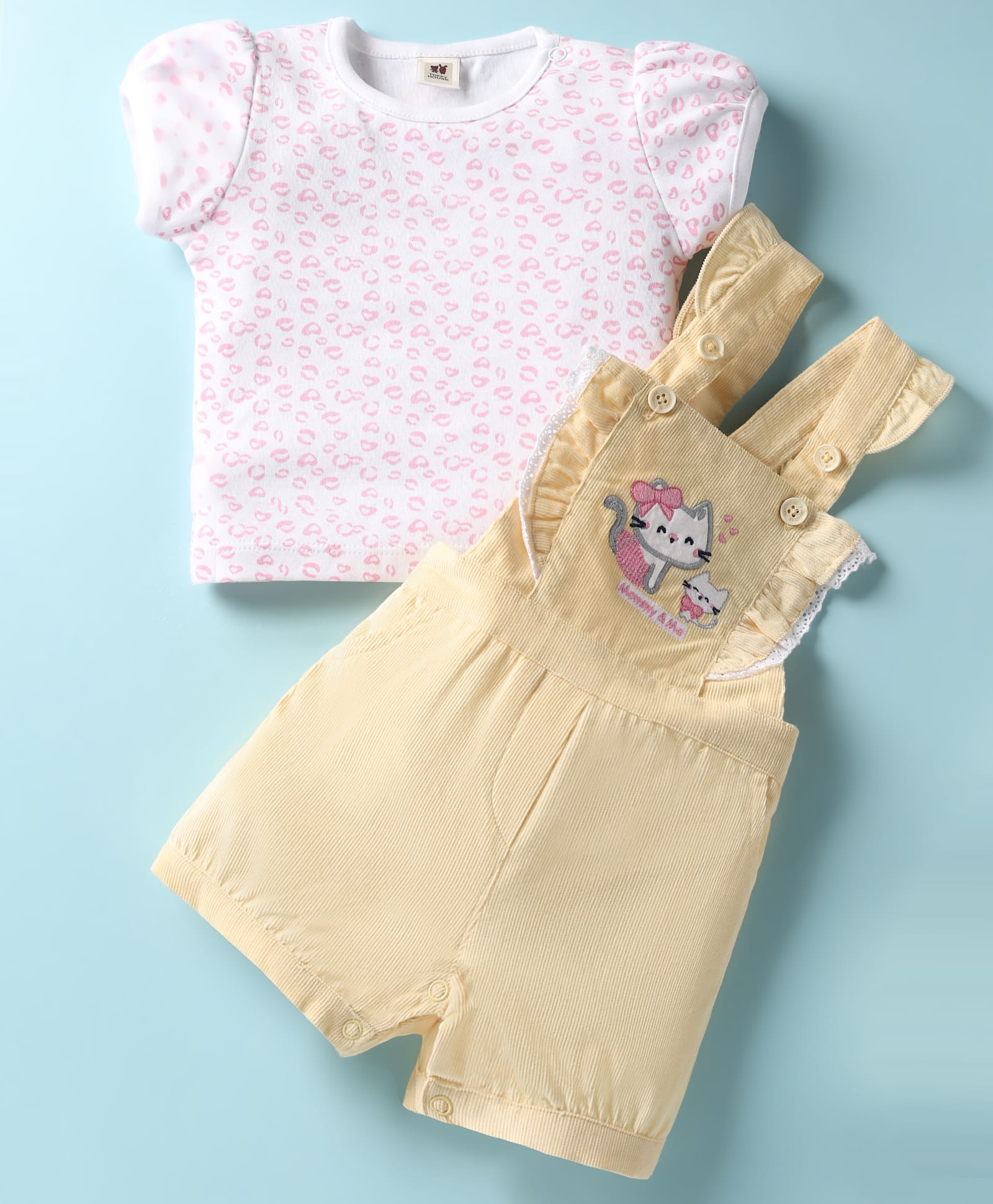 ToffyHouse Corduroy Woven Dungaree & Half Sleeves Inner Tee With Kitten Embroidery - Lemon Yellow-picture-37