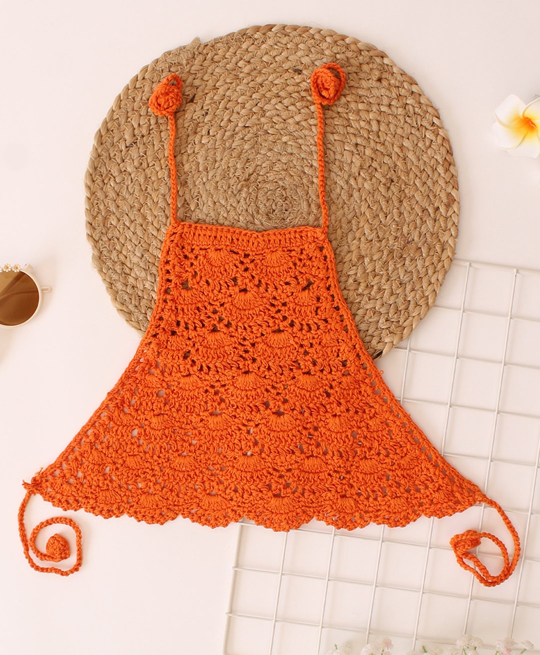 Woonie Cotton Knit Sleeveless Crochet Embroidered Top - Orange-image-9