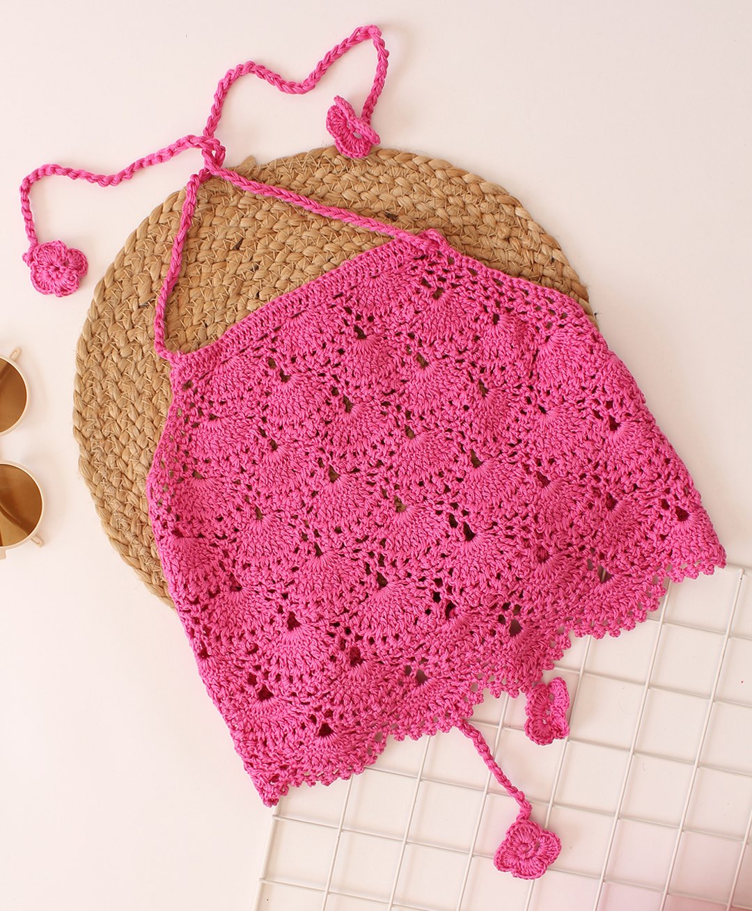 Woonie Cotton Knit Sleeveless Crochet Embroidered Top - Pink-image-34