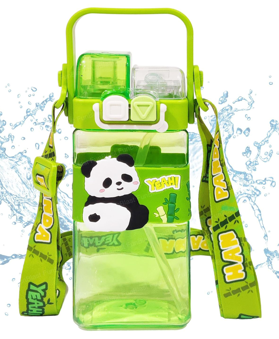 FunBlast Cute Animal Design Dual Cap Water Bottle with Straw, Strap & Carry Handle - Green - 500 ml-image-38