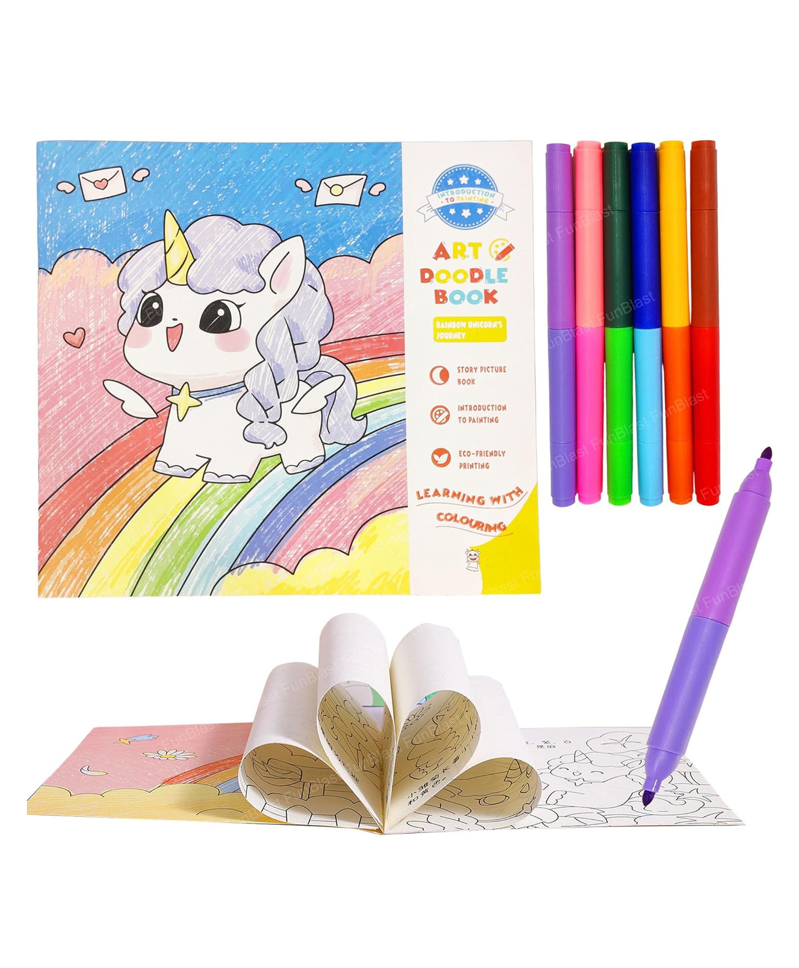 FunBlast Cartoon Theme Doodle Coloring Book with 6 Pcs Sketch Markers - Multicolor-image-48