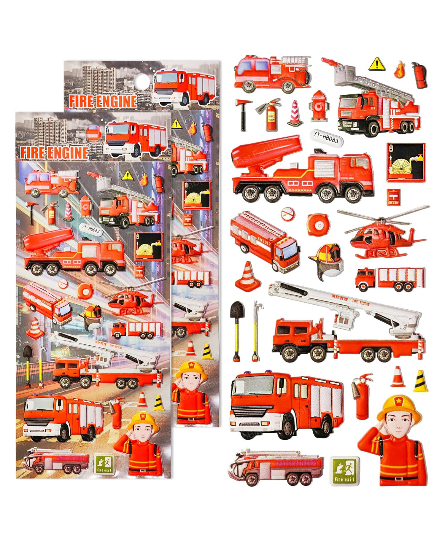 FunBlast Fire Truck Theme 3D Stickers Pack of 2 Self-Adhesive Stickers
